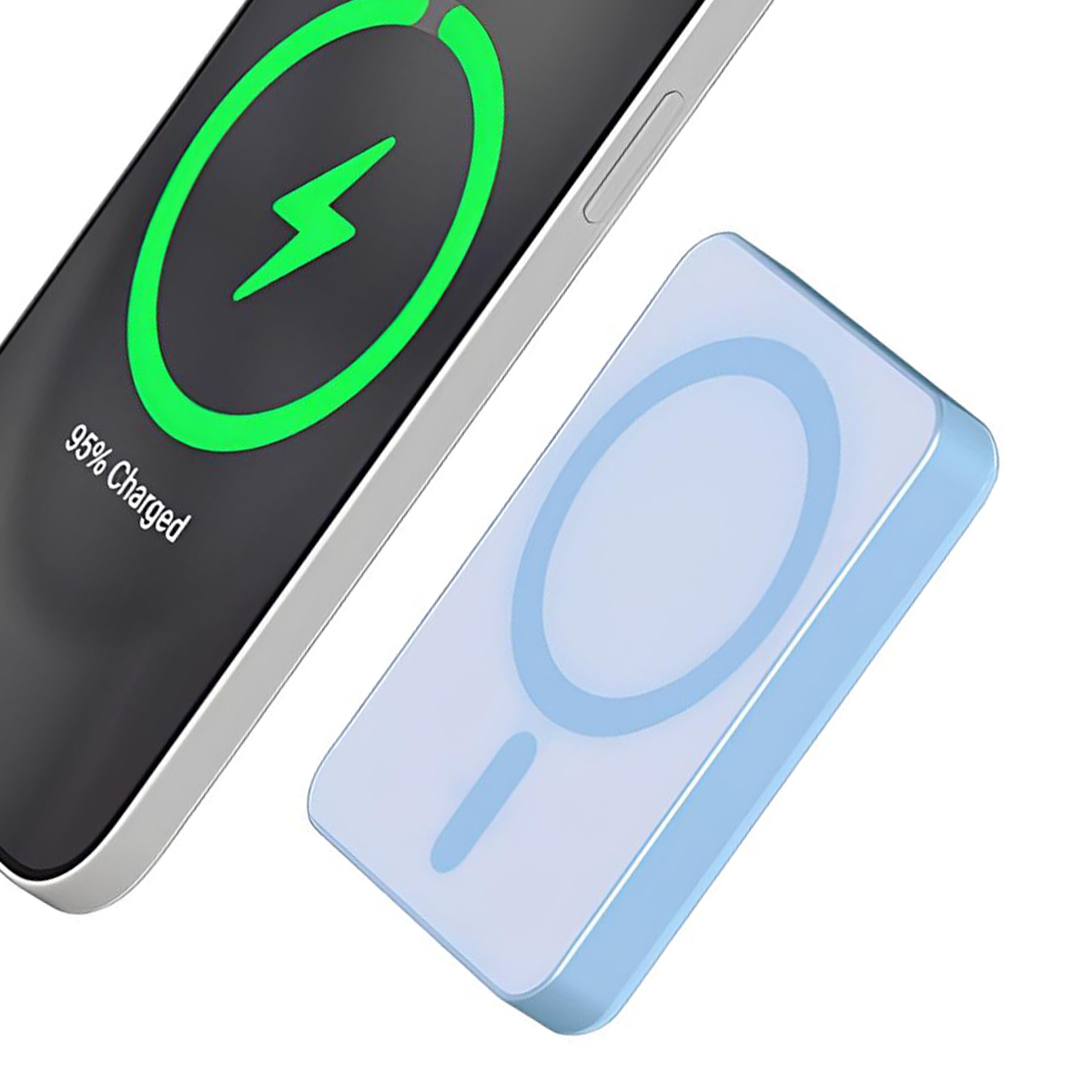 Un smartphone chargé à 95% à côté d'un chargeur sans fil bleu.