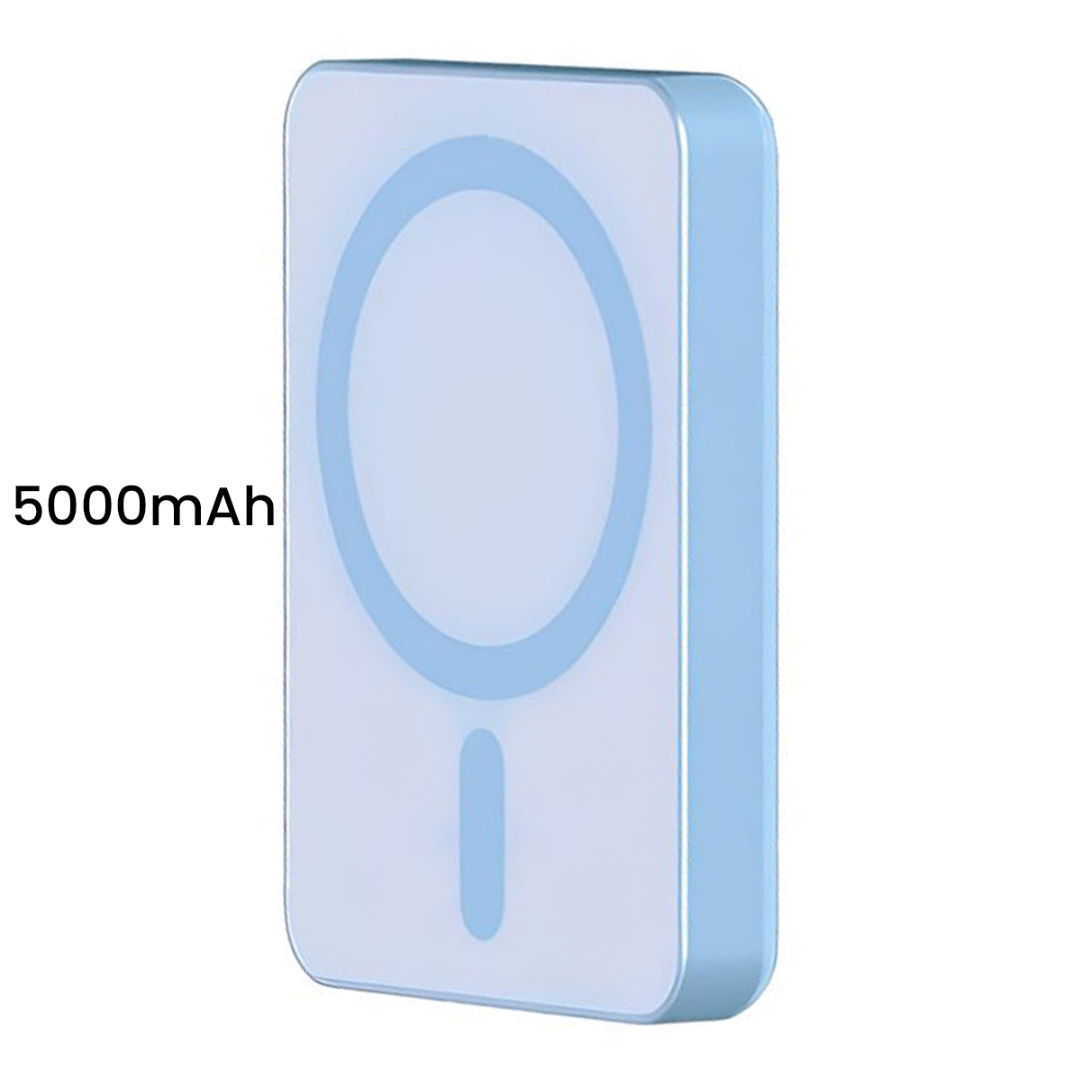 Une banque d'alimentation bleue claire de 5000 mAh avec un design circulaire.