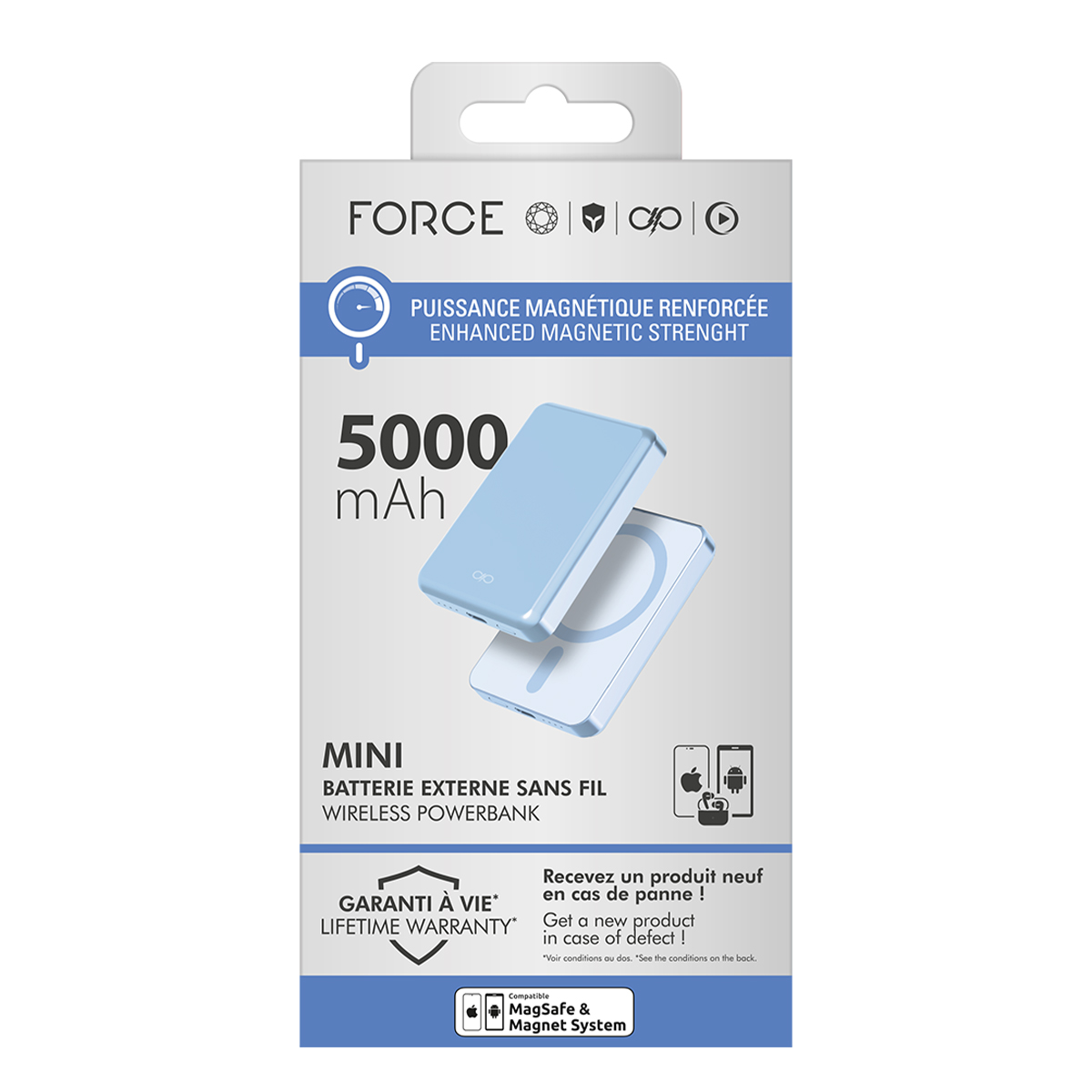 Emballage d'une batterie externe sans fil bleu clair de 5000 mAh.