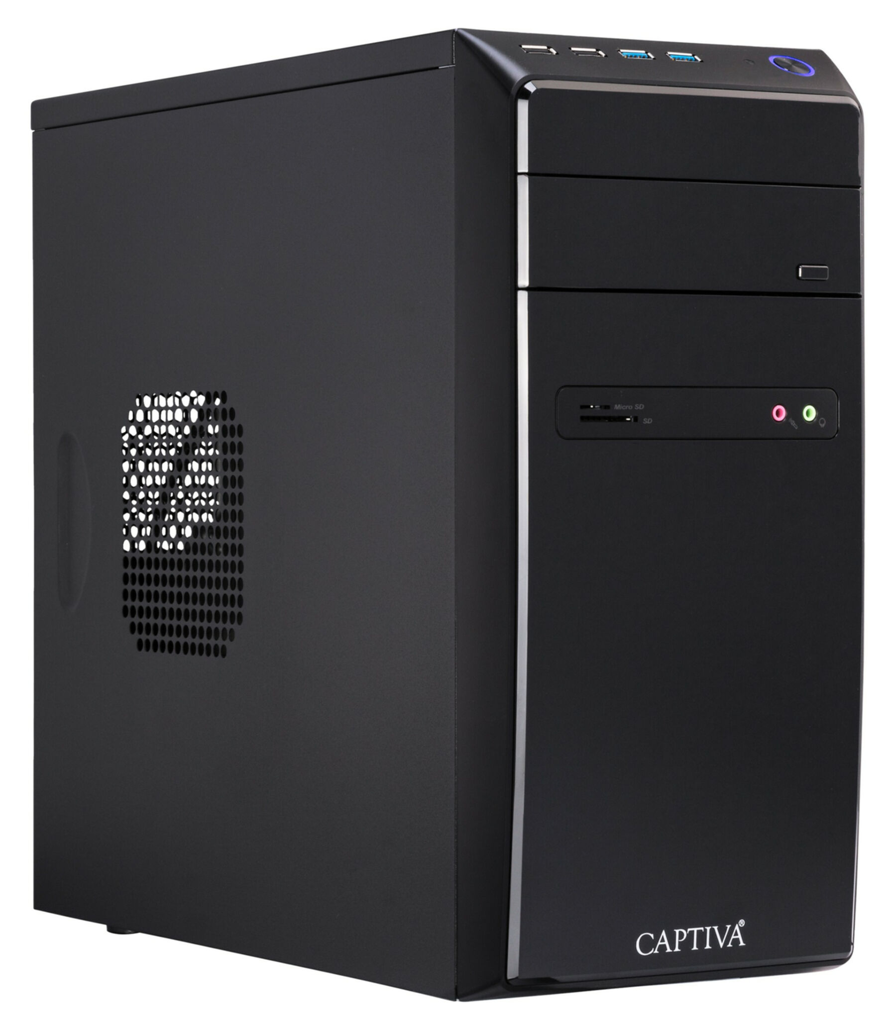 Schwarzes Computergehäuse mit USB-Anschlüssen und Lüftungsschlitzen.