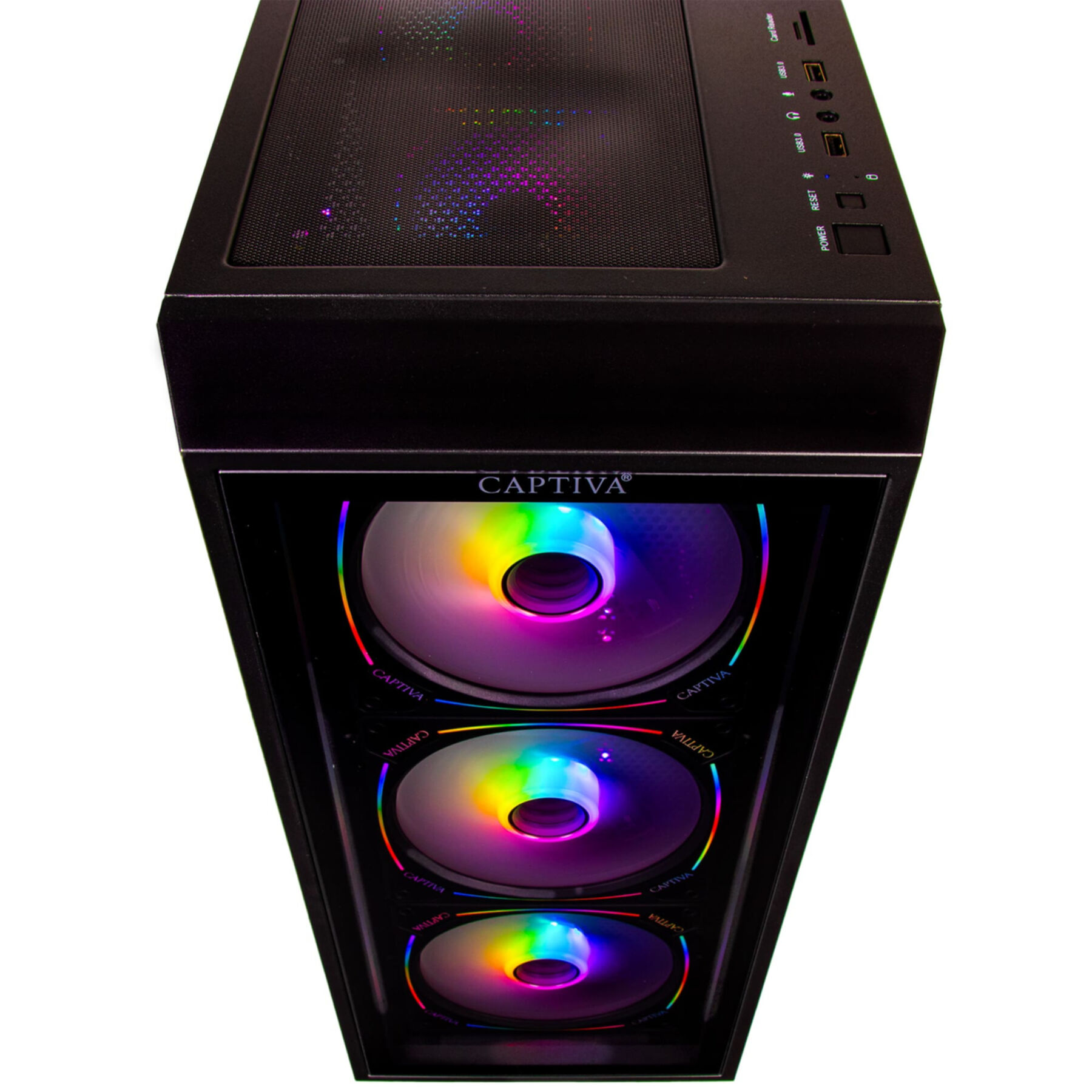 Un case per PC nero con tre ventole illuminate e porte superiori.