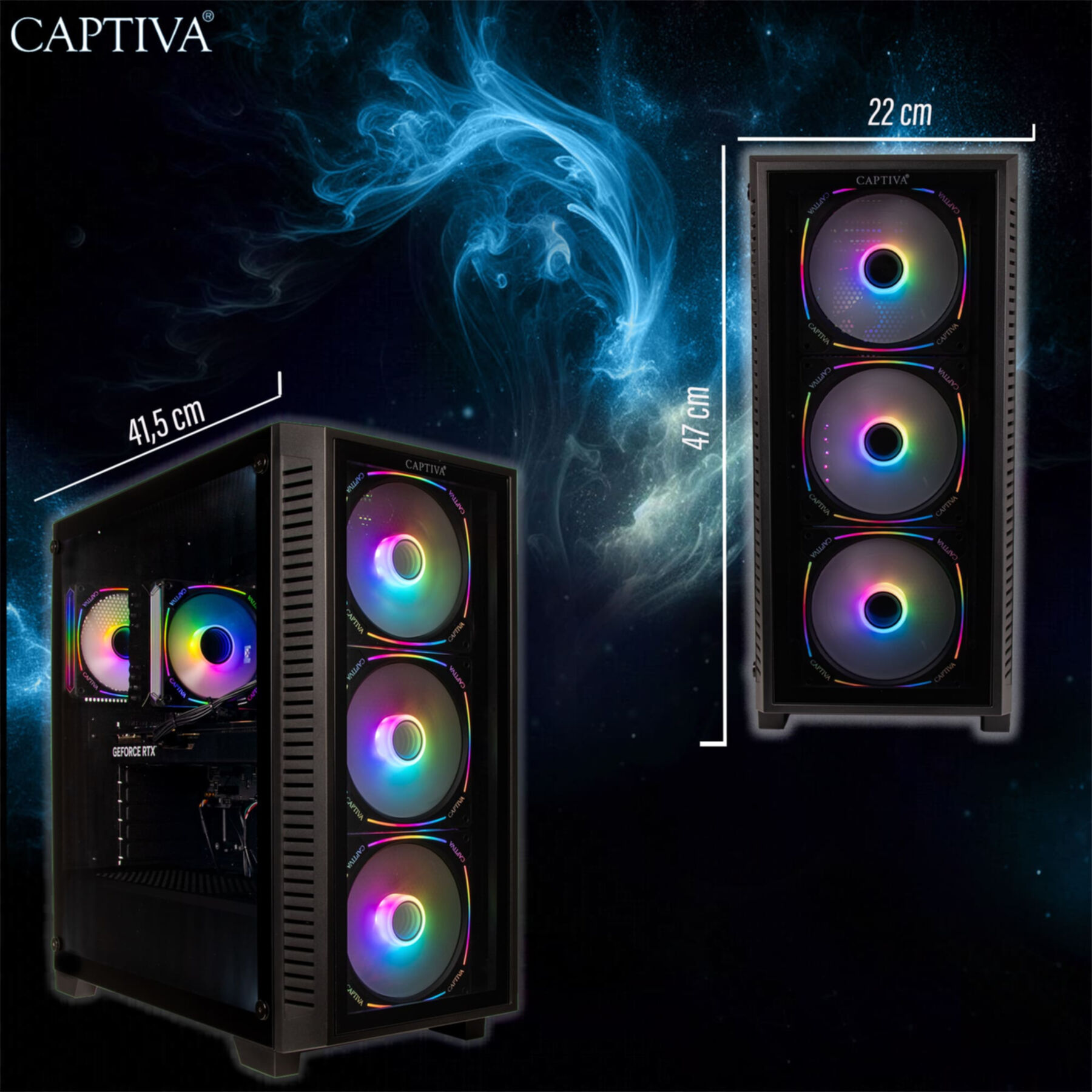Un case PC nero con ventole RGB ed etichette dimensionali.