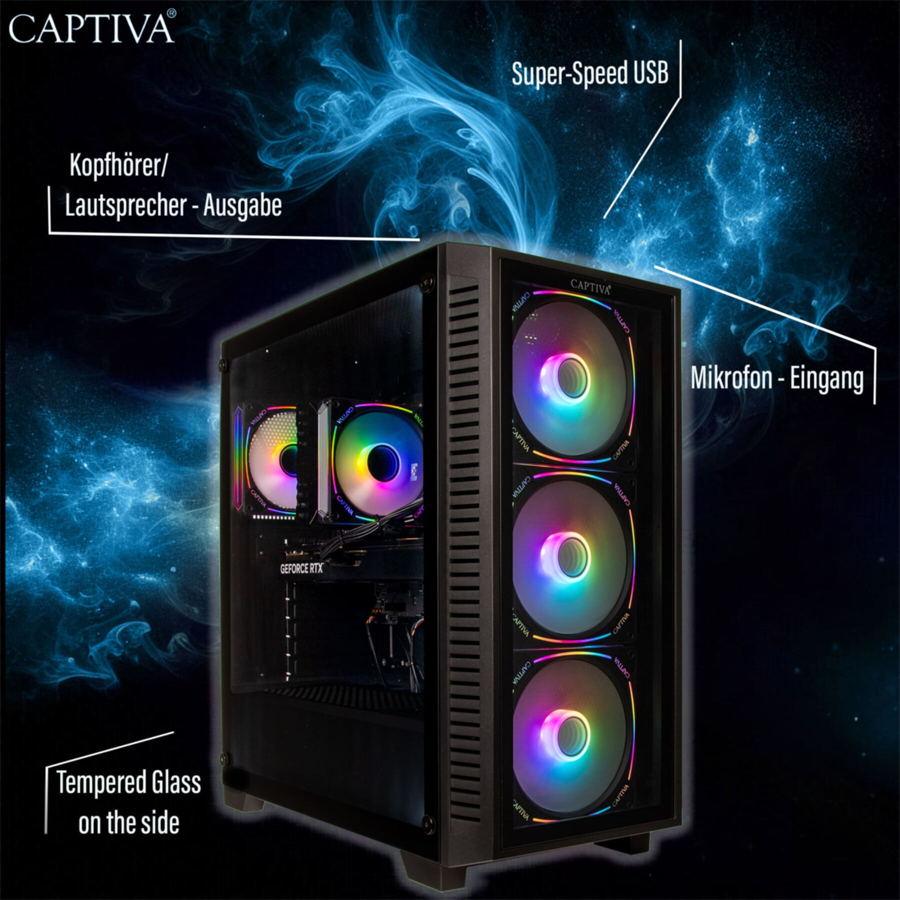 Un case PC nero con ventole colorate e frontale in vetro. Etichette porte.