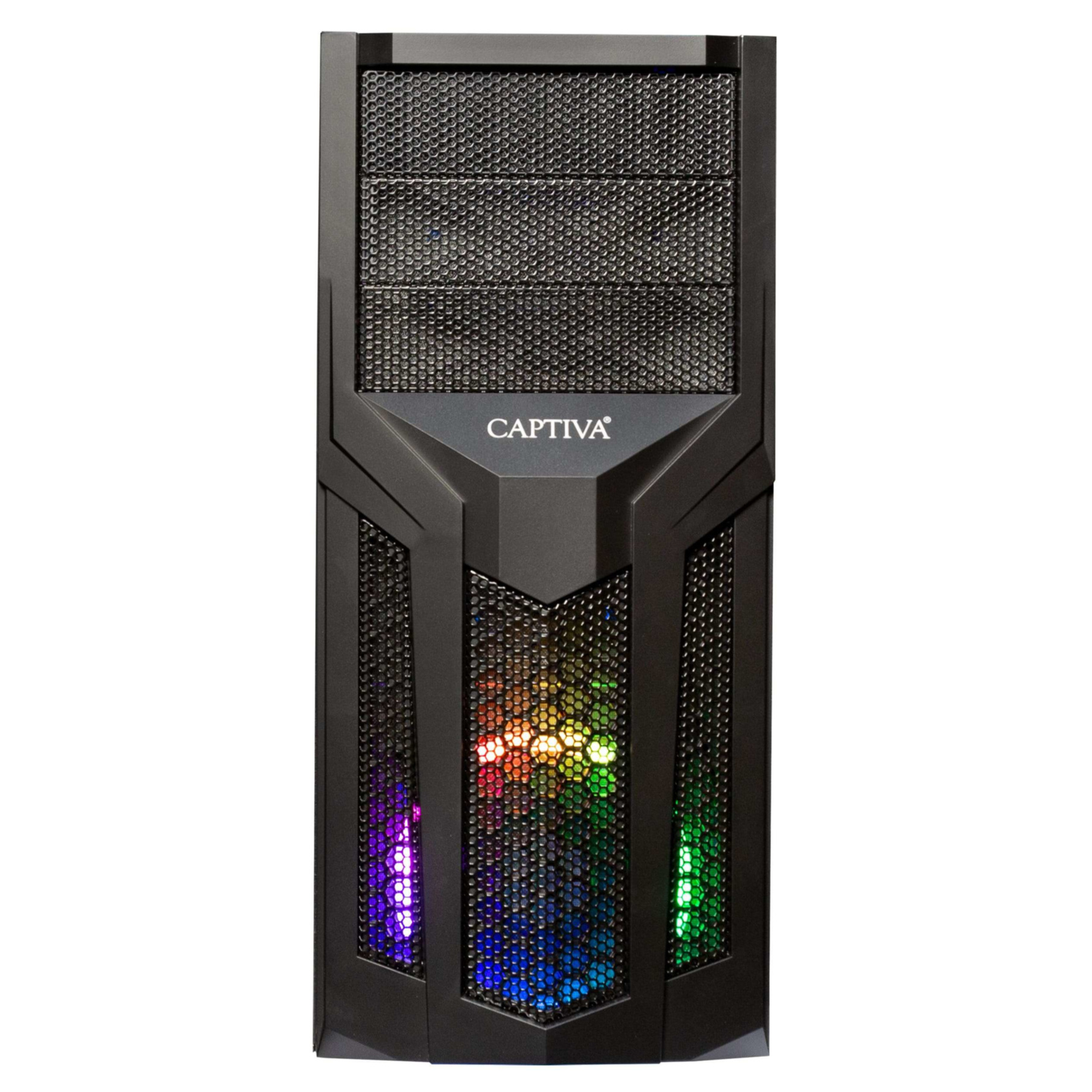 Schwarzes PC-Gehäuse mit Mesh-Front und farbigen LEDs.