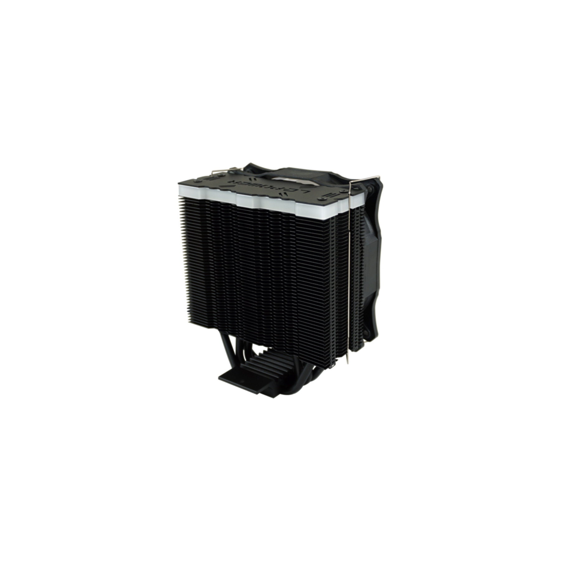 Czarny cooler CPU z wieloma żeberkami i metalowymi wspornikami.