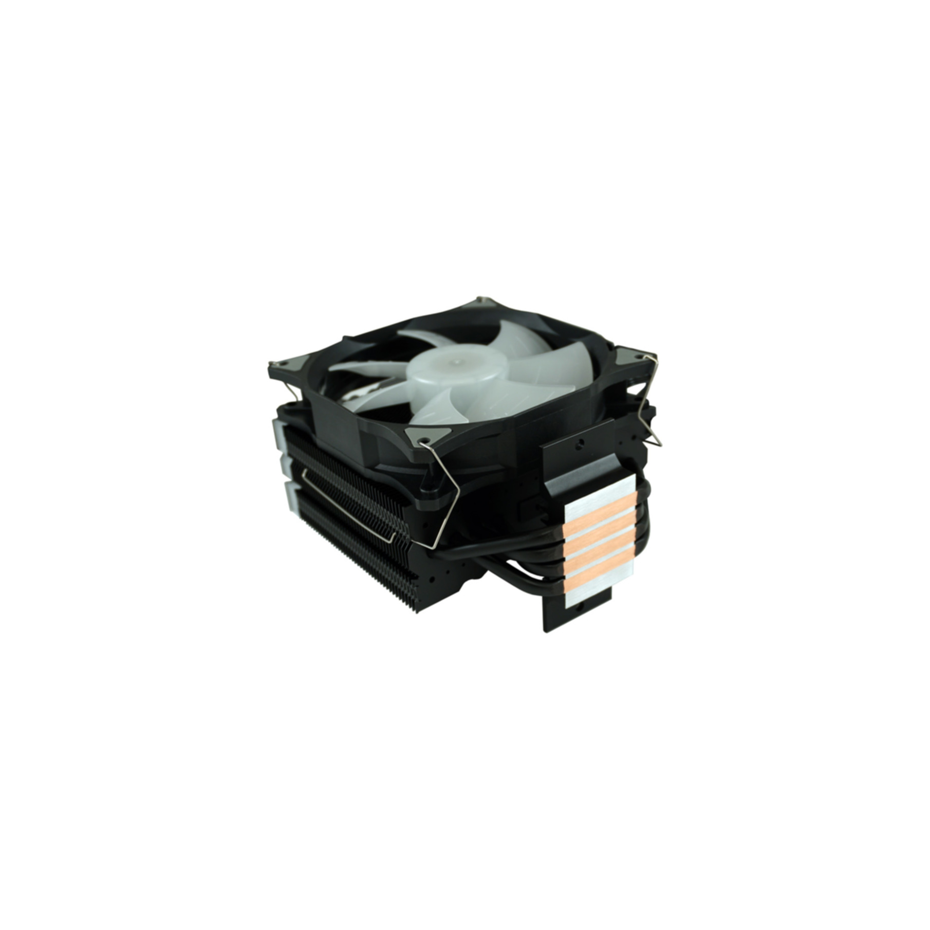 Czarny cooler CPU z białym wentylatorem i miedzianymi ciepłowodami.