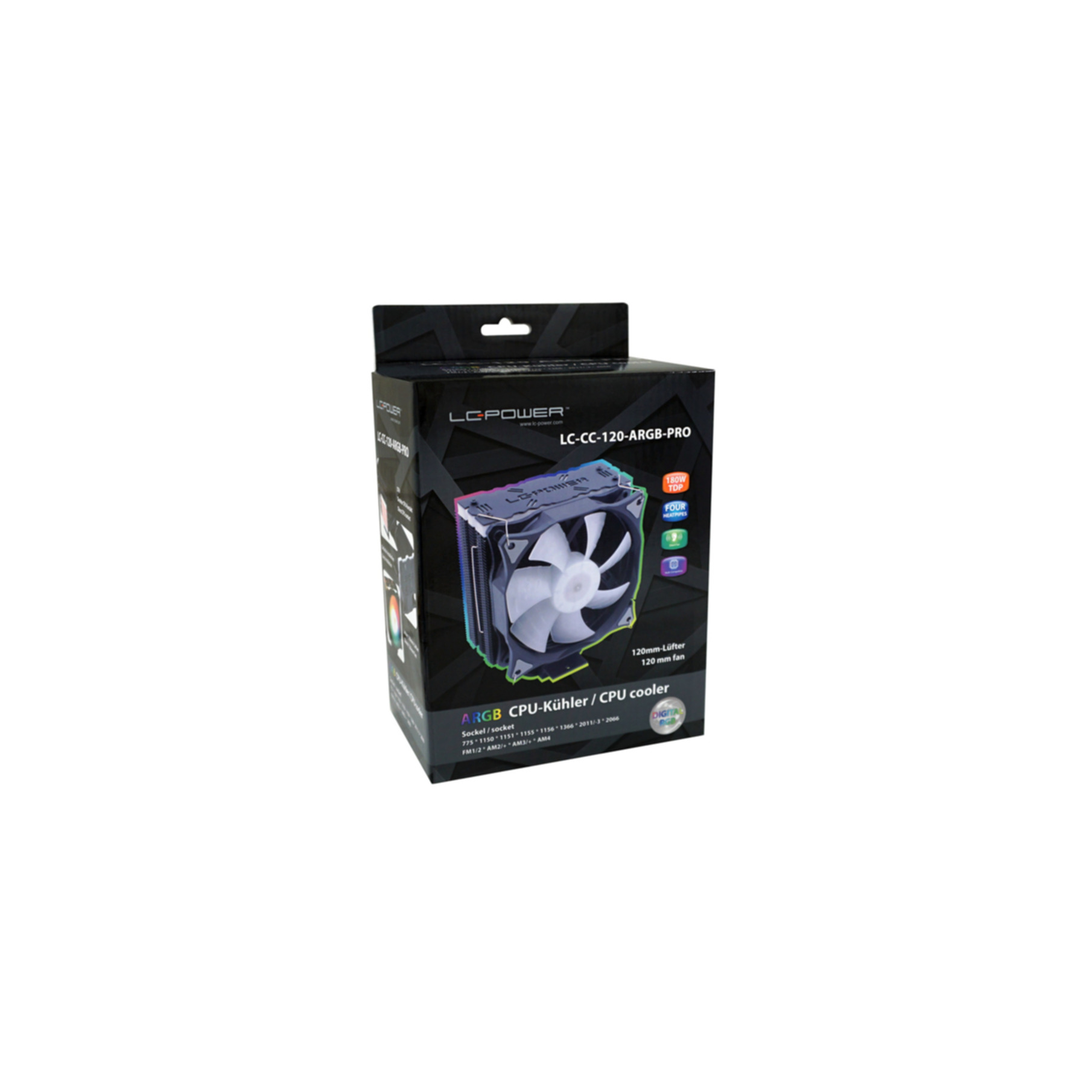 Pudełko na chłodzenie CPU ARGB z wentylatorem 120mm i czterema heatpipe'ami.