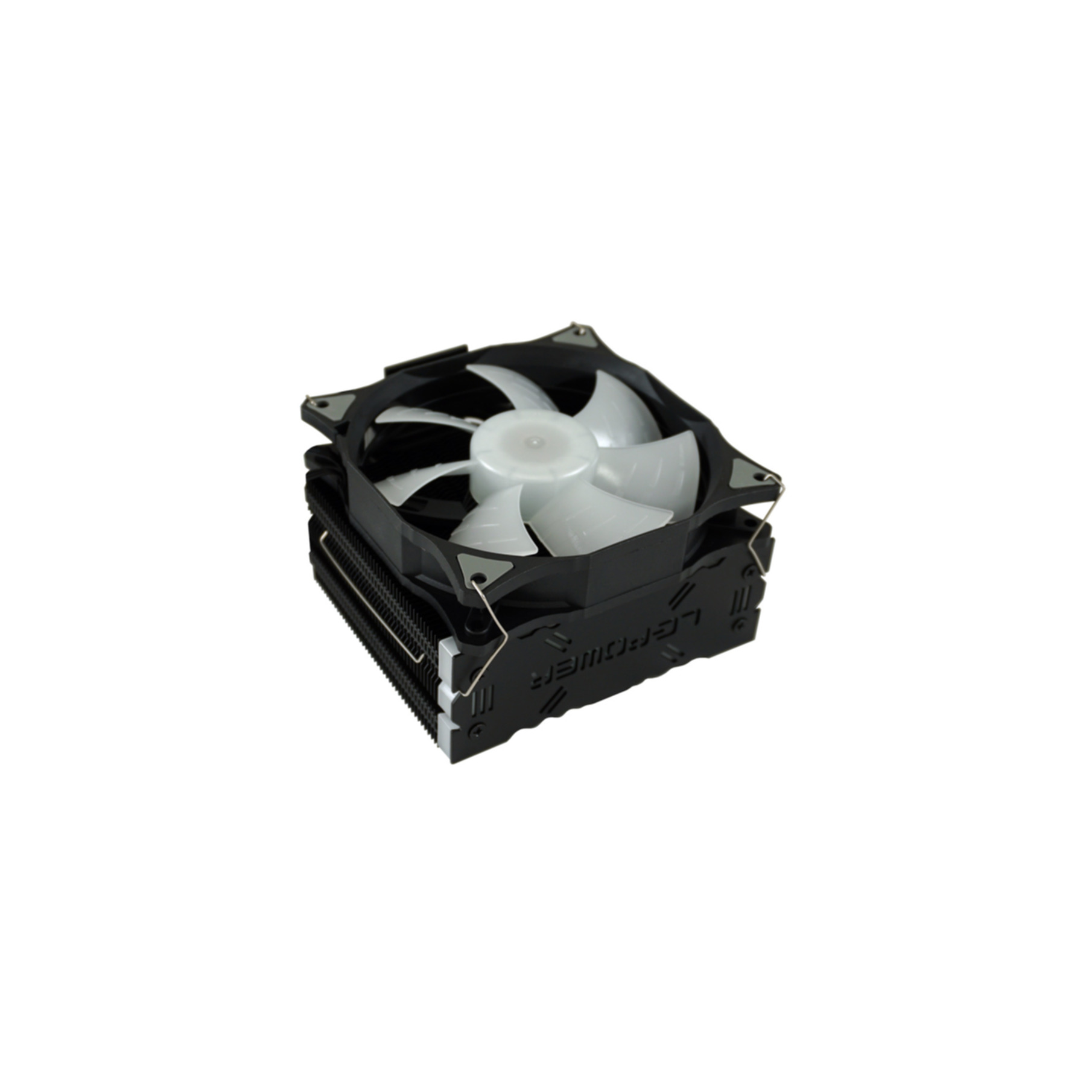 Czarna chłodnica CPU z białym wentylatorem i żeberkami. Logo z boku.