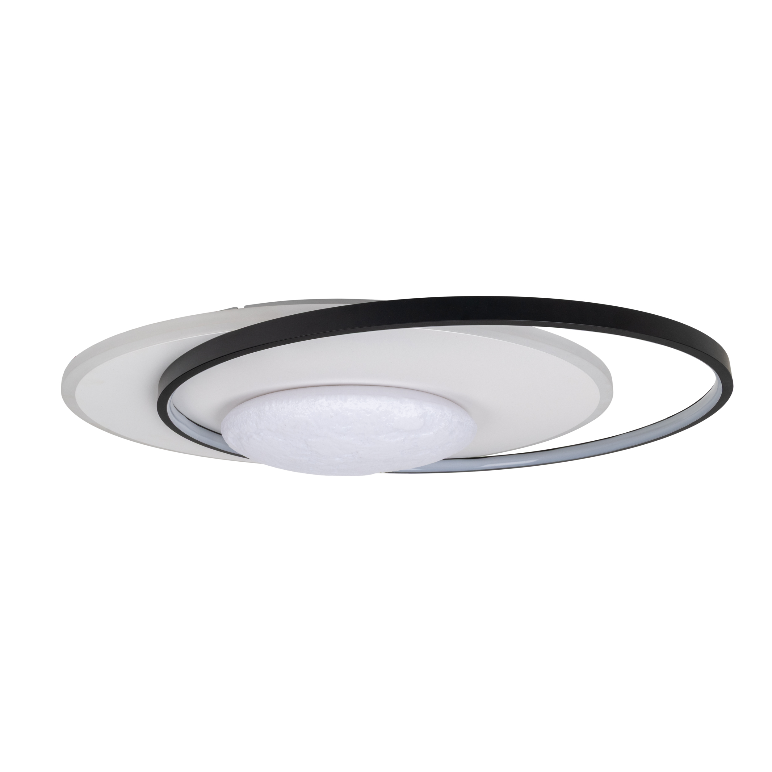 Eine weiße Deckenleuchte mit einem schwarzen Ring und einem milchigen Lichtelement.