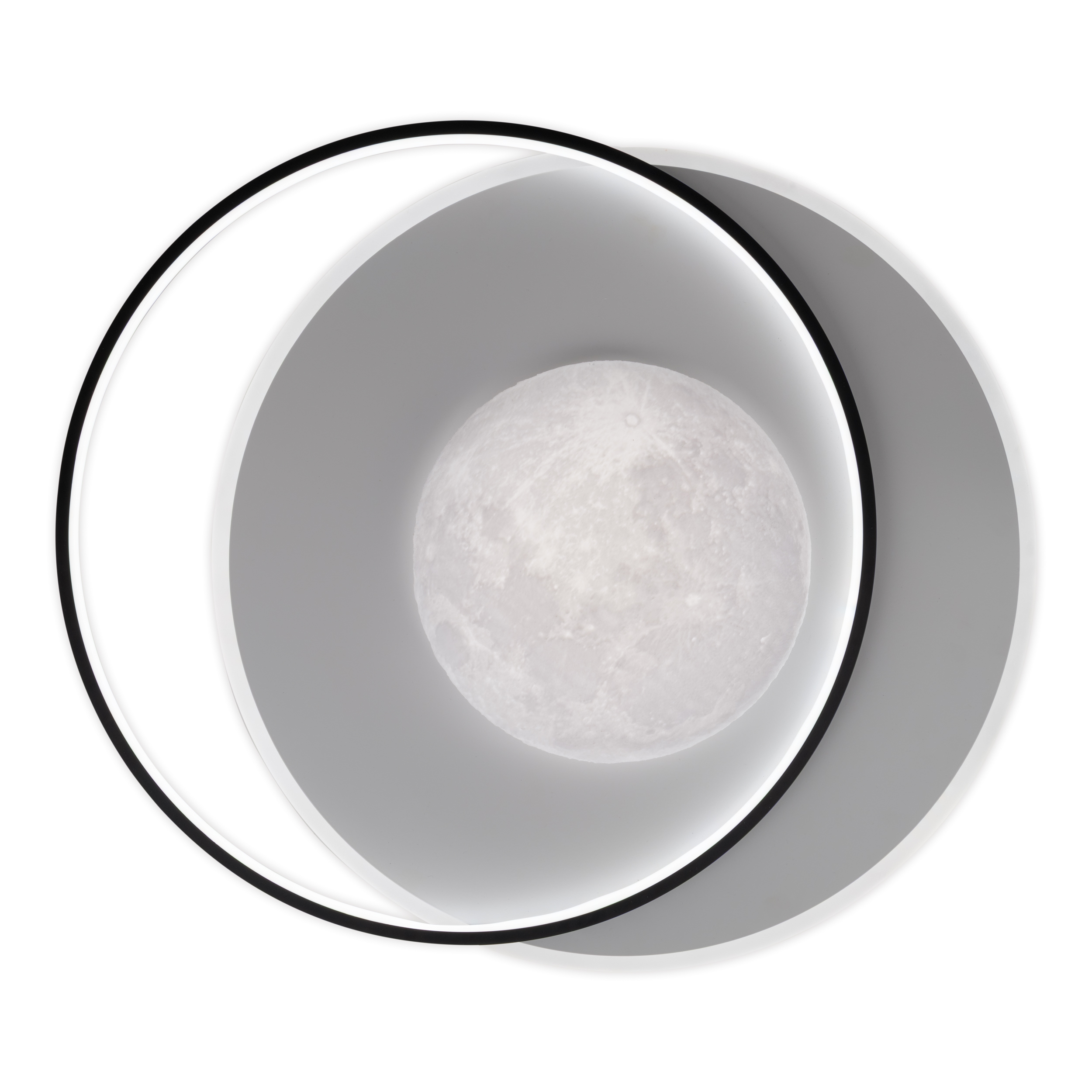 Ein Mond mit Kratern vor einem abstrakten Hintergrund aus Kreisen.