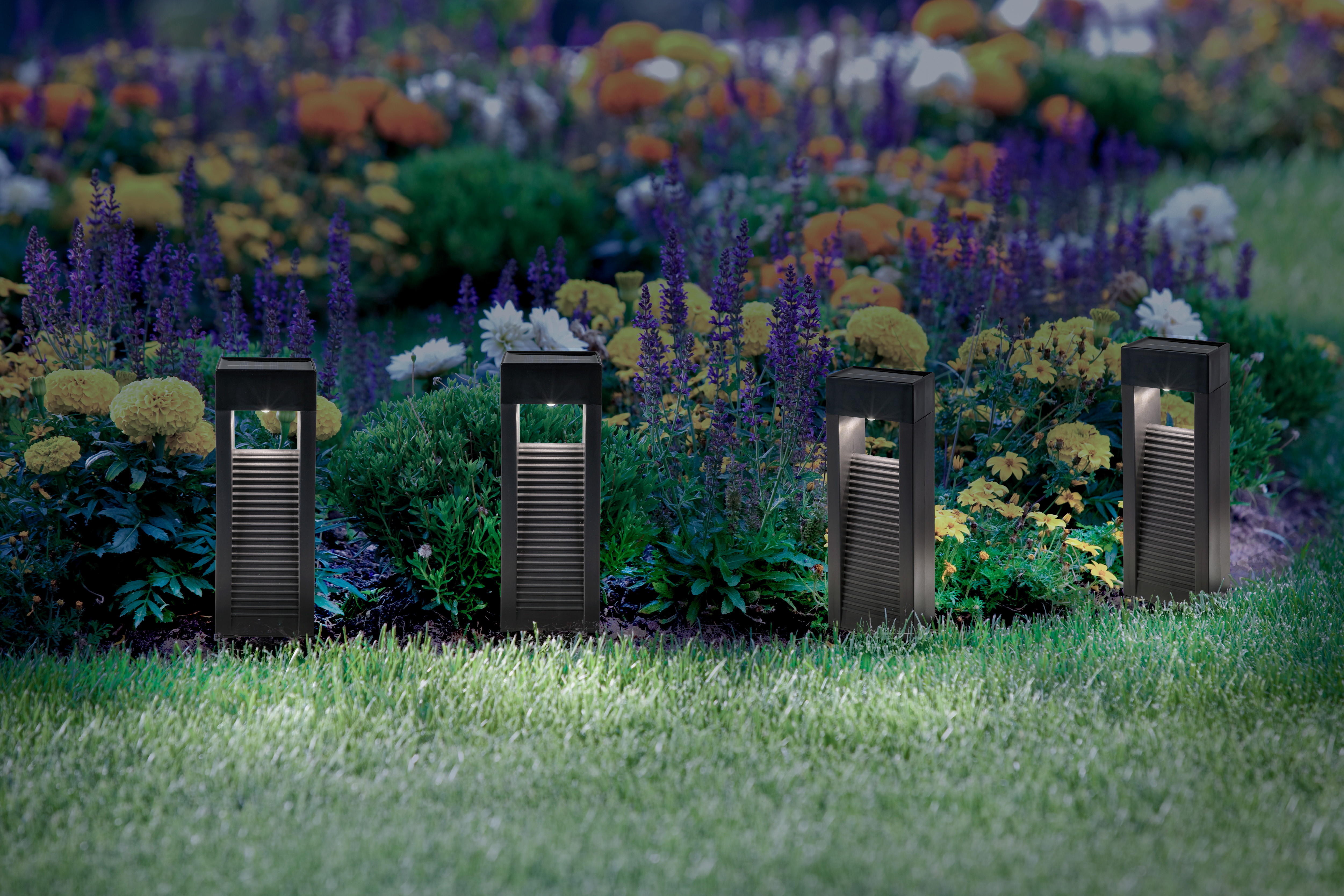 Vier schwarze Außenleuchten beleuchten einen blühenden Garten mit gelben und lila Blumen.
