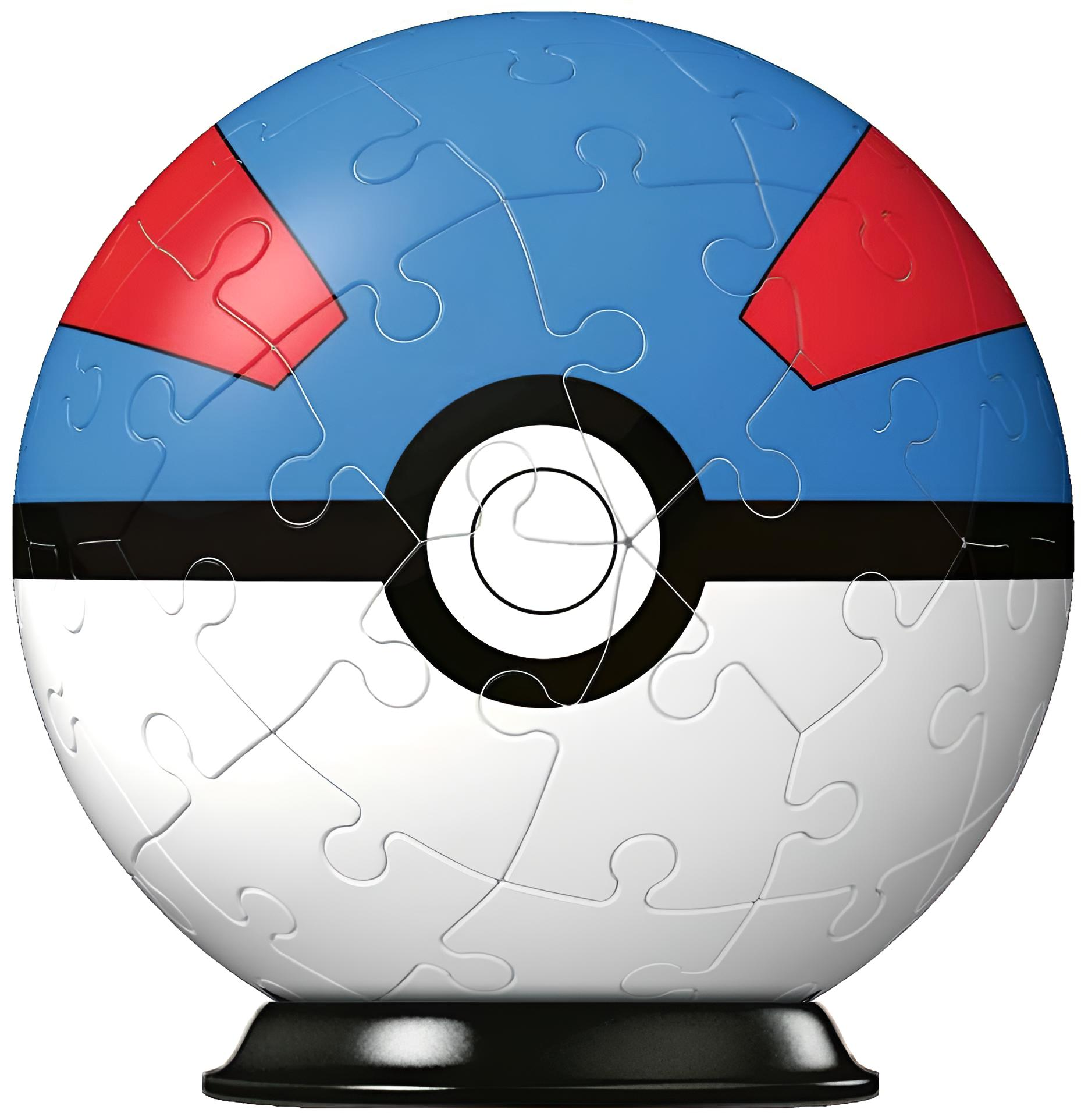 Okrągła kula z puzzli w stylu Poké Balla na czarnej podstawie.