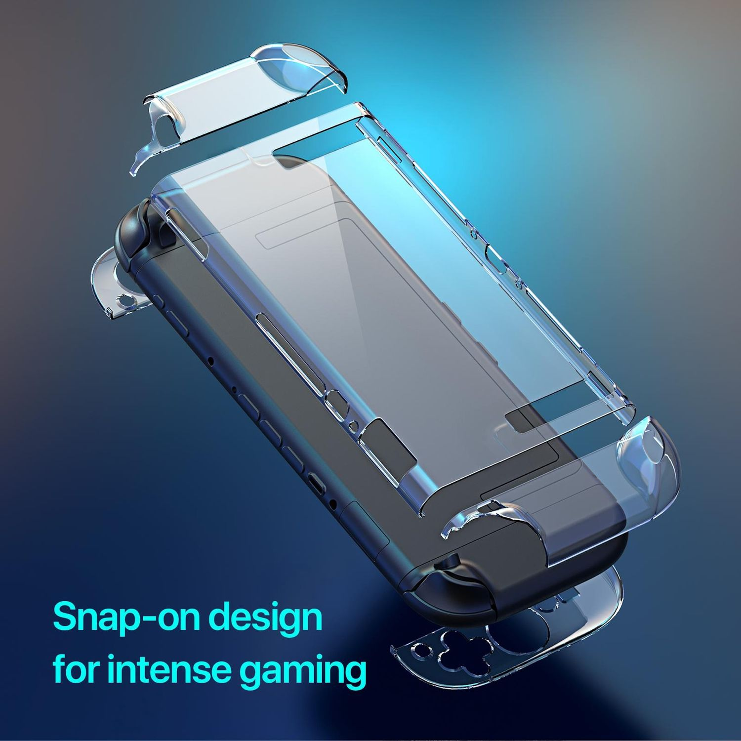Transparenter Schutz für ein Handheld-Gerät mit abnehmbaren Griffteilen.