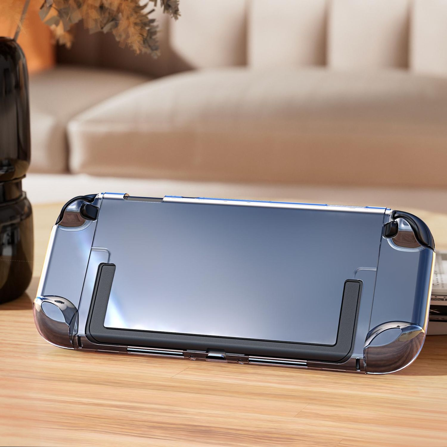Ein transparenter Schutz für ein Handheld-Gerät auf einem Holztisch.