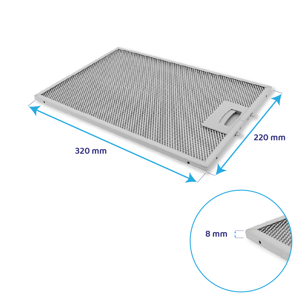 Ein rechteckiger, silbergrauer Netzfilter für eine Dunstabzugshaube, 320 mm mal 220 mm groß, mit 8 mm Dicke.