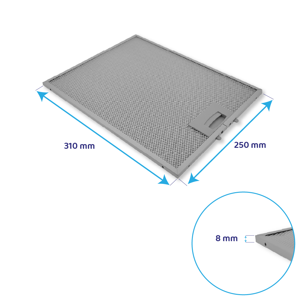Ein grauer Metallfilter für eine Dunstabzugshaube mit Maßen.
