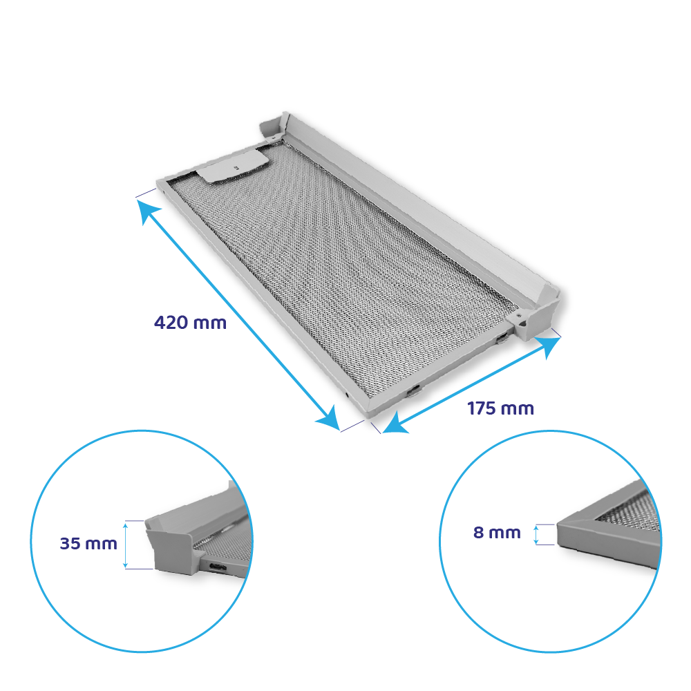 Ein silberner Dunstabzugshaubenfilter mit Maßen 420x175mm.