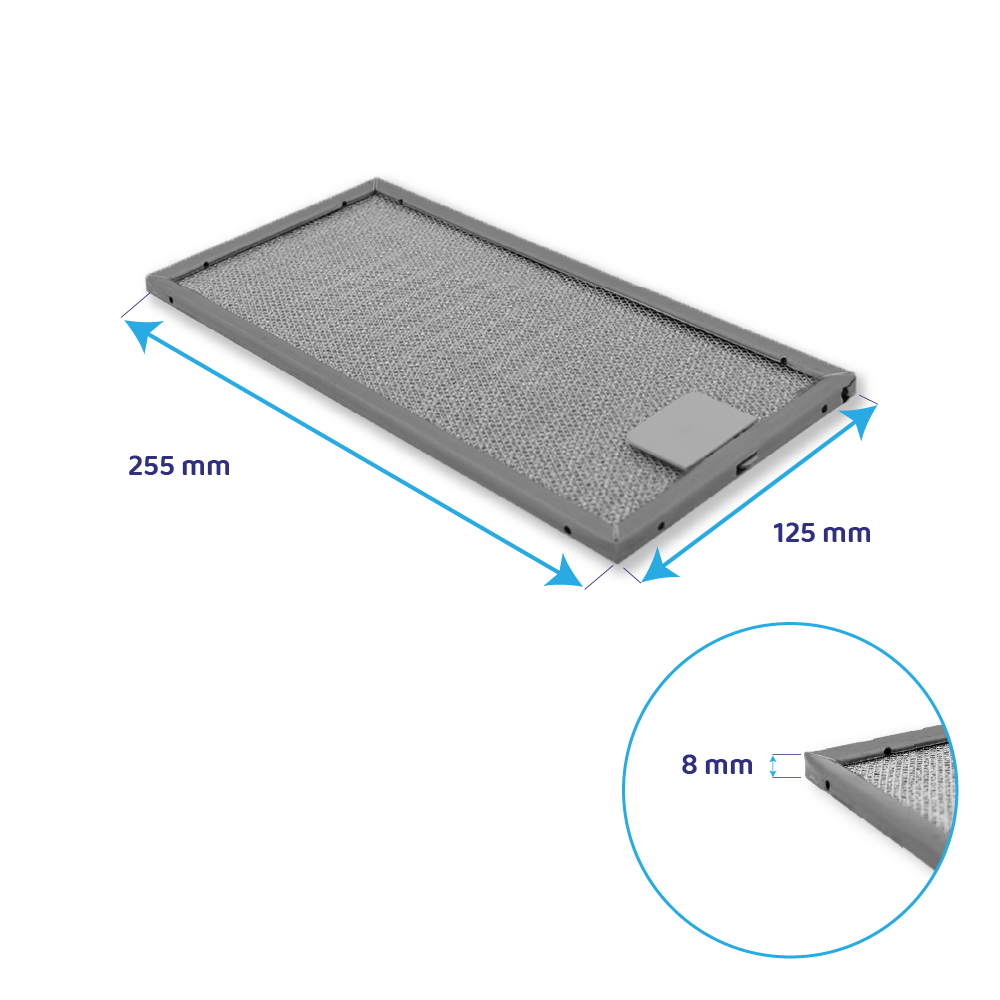 Ein grauer Metall-Dunstabzugshaubenfilter, 255mm x 125mm, 8mm dick.