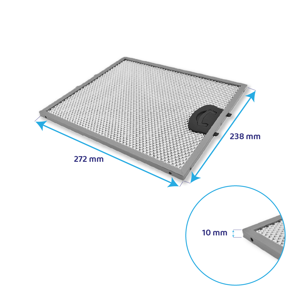 Metallfilter mit Abmessungen 272x238x10 mm und schwarzem Griff.