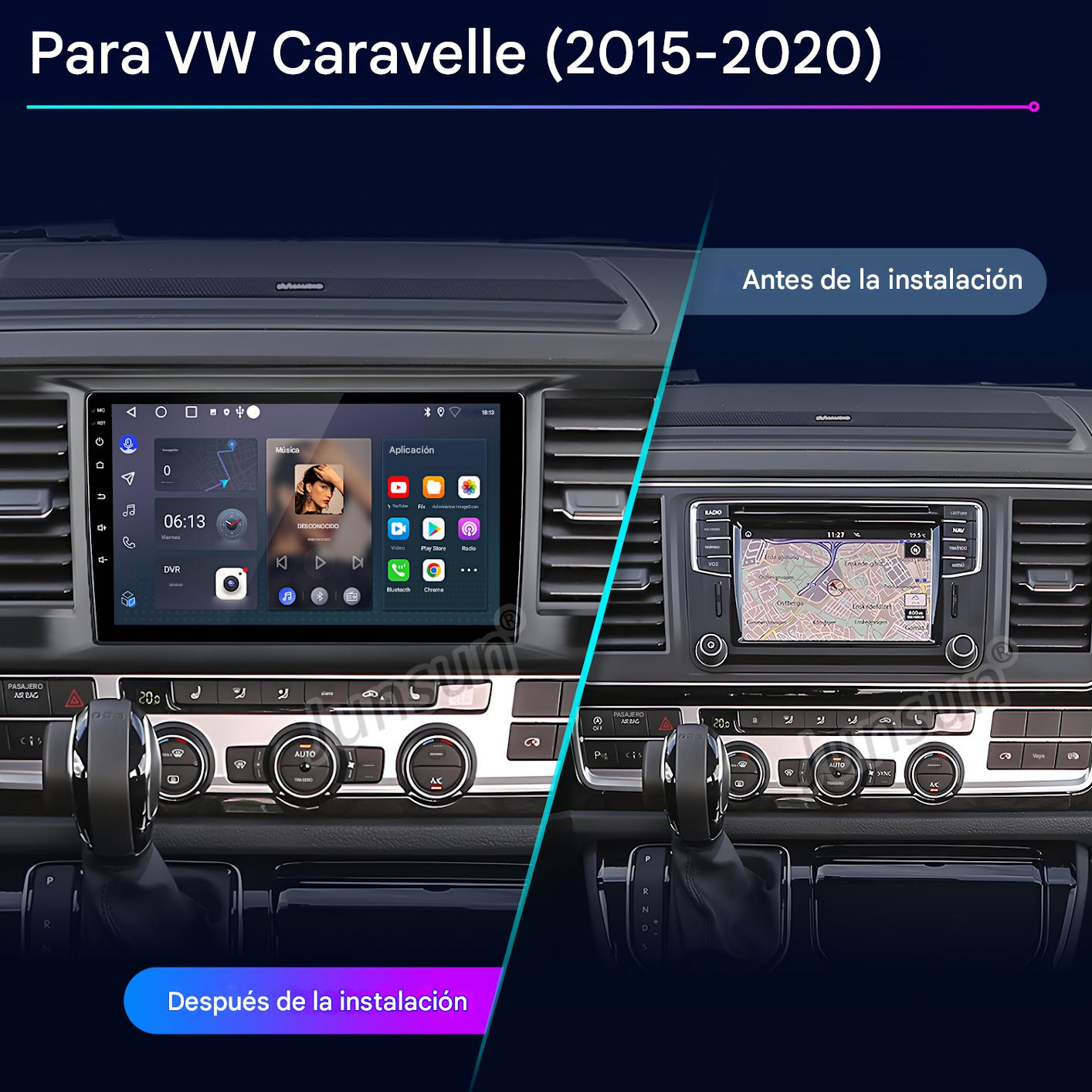 Comparación antes/después de un sistema de infoentretenimiento VW Caravelle, con nuevas apps y mapas.