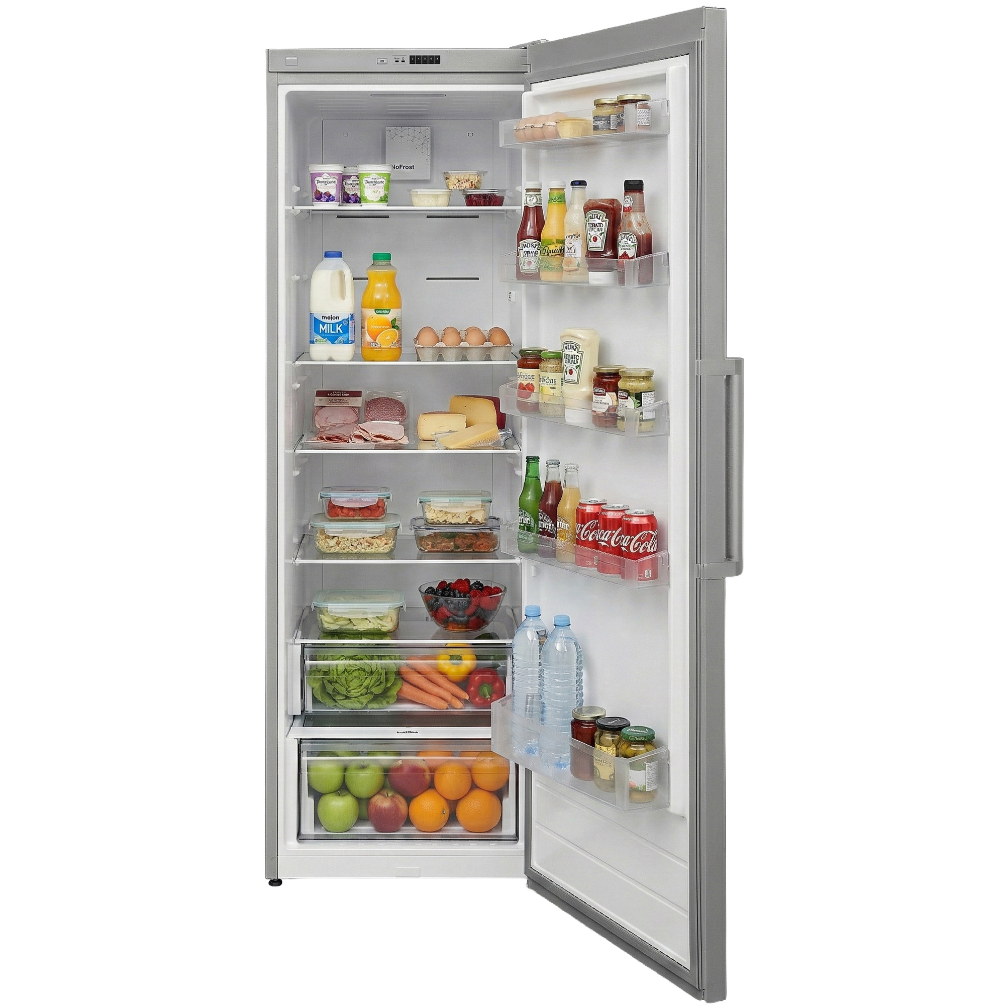 Een open koelkast gevuld met voedsel: melk, yoghurt, fruit, groenten en dranken.