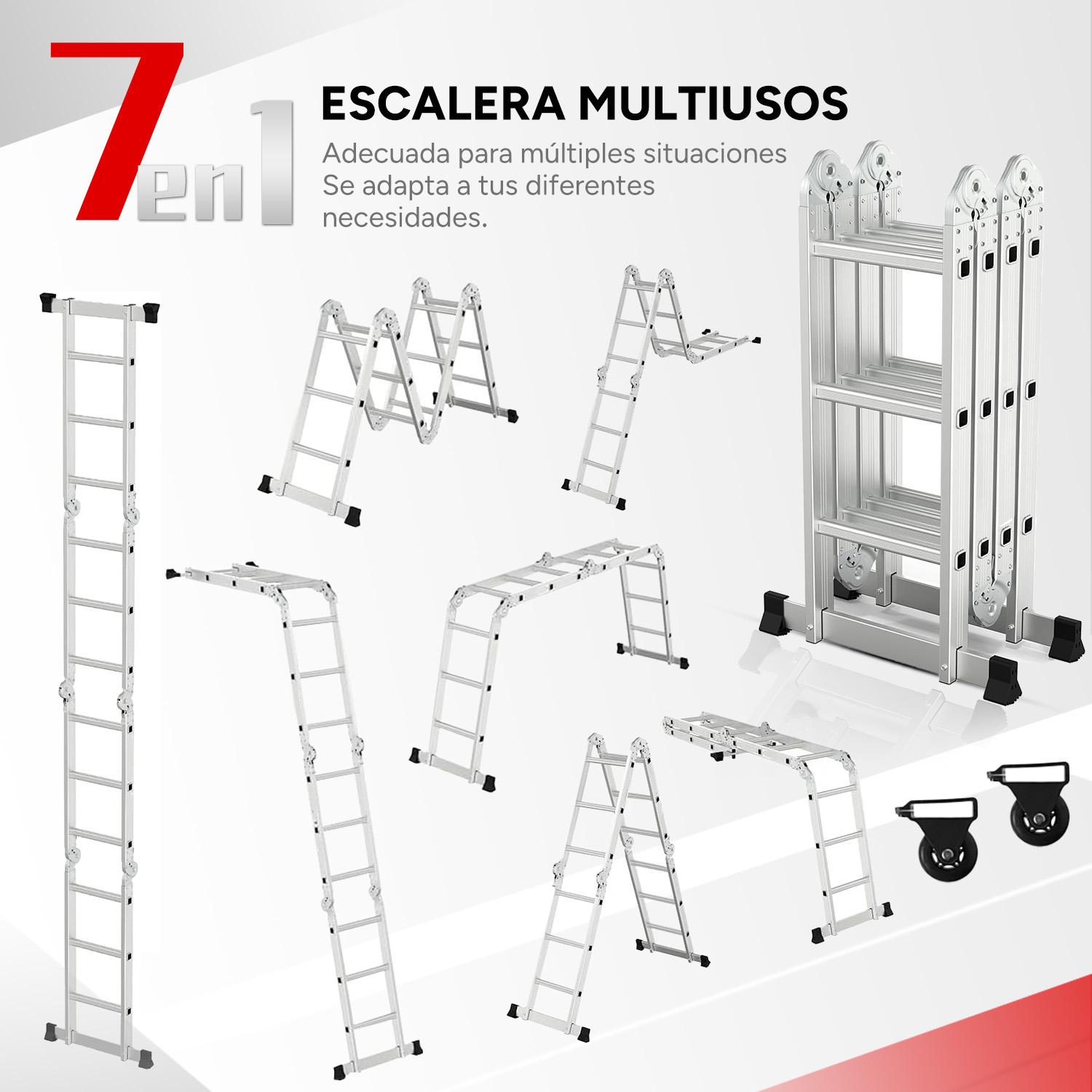Escalera multiusos de aluminio en varias configuraciones, incluyendo plegada.