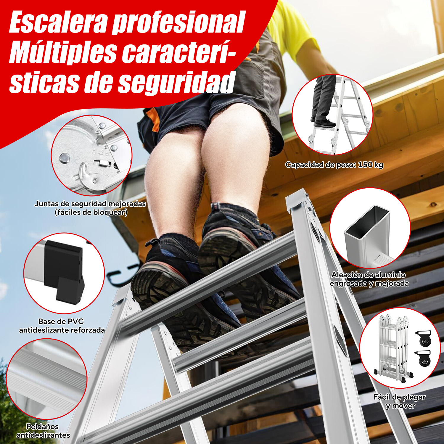 Persona en escalera de aluminio con características de seguridad: base PVC, juntas mejoradas.