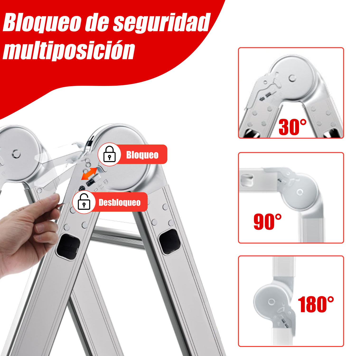 Una mano opera un mecanismo de bloqueo en una escalera multiposición.