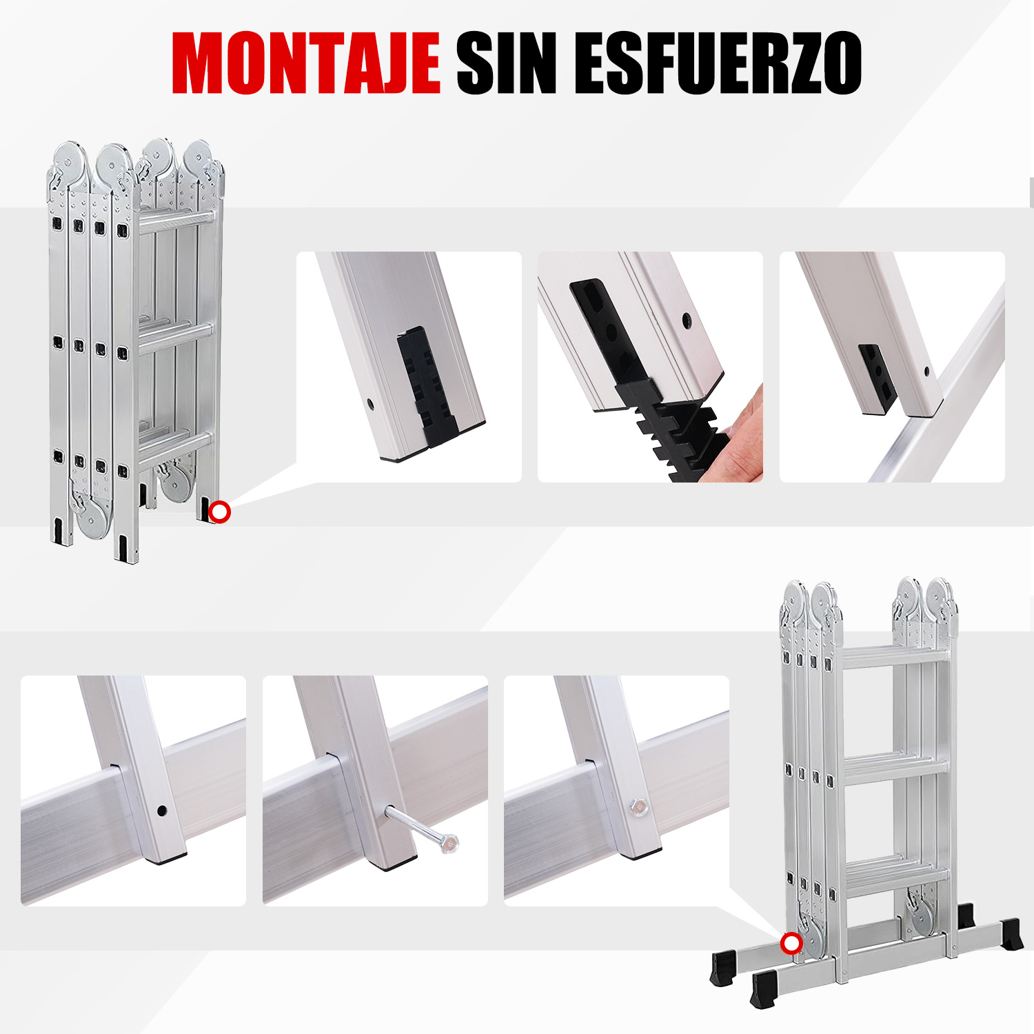 Una escalera plateada multiusos con peldaños y piezas de conexión desplegados.