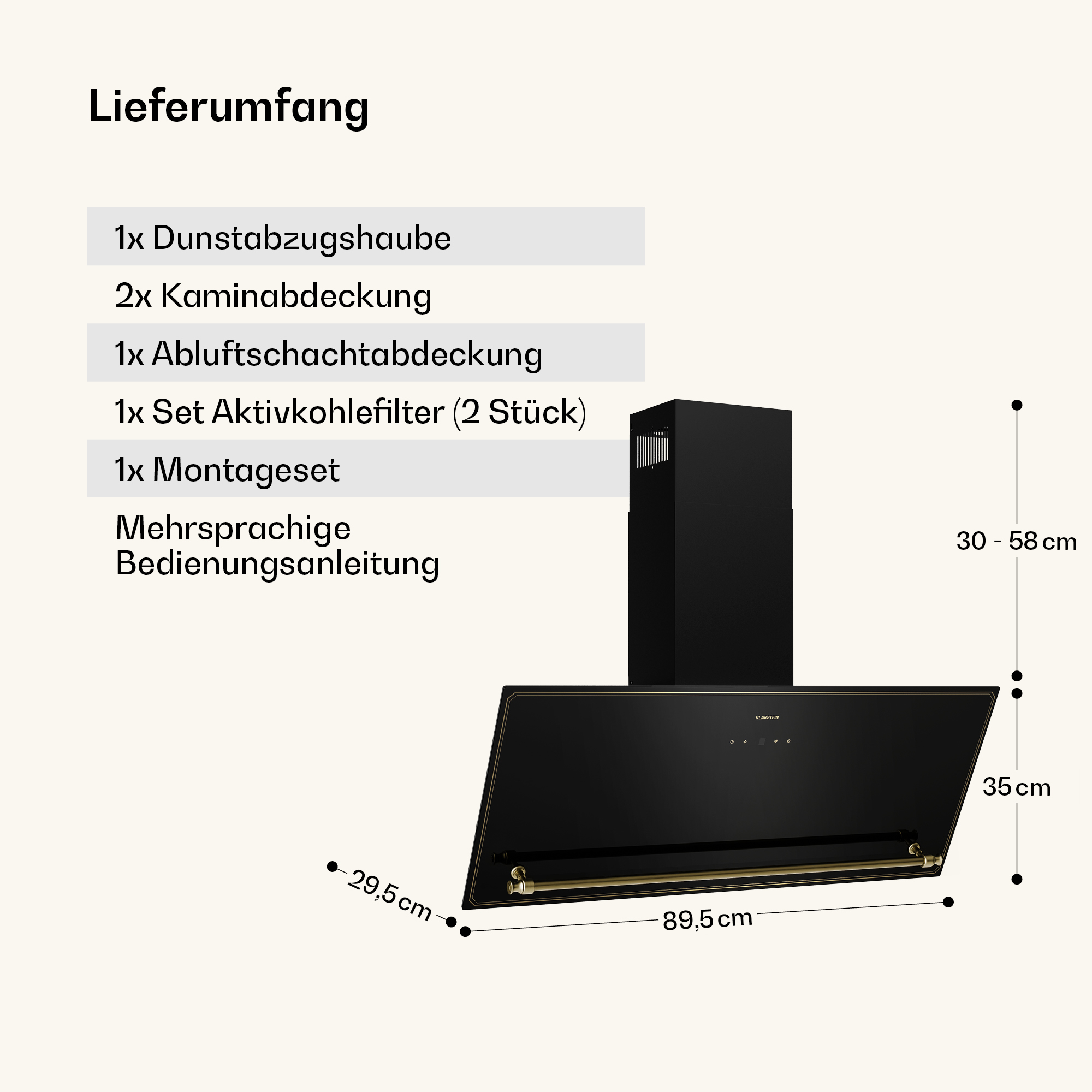 Schwarze Dunstabzugshaube mit Maßen und Lieferumfang.