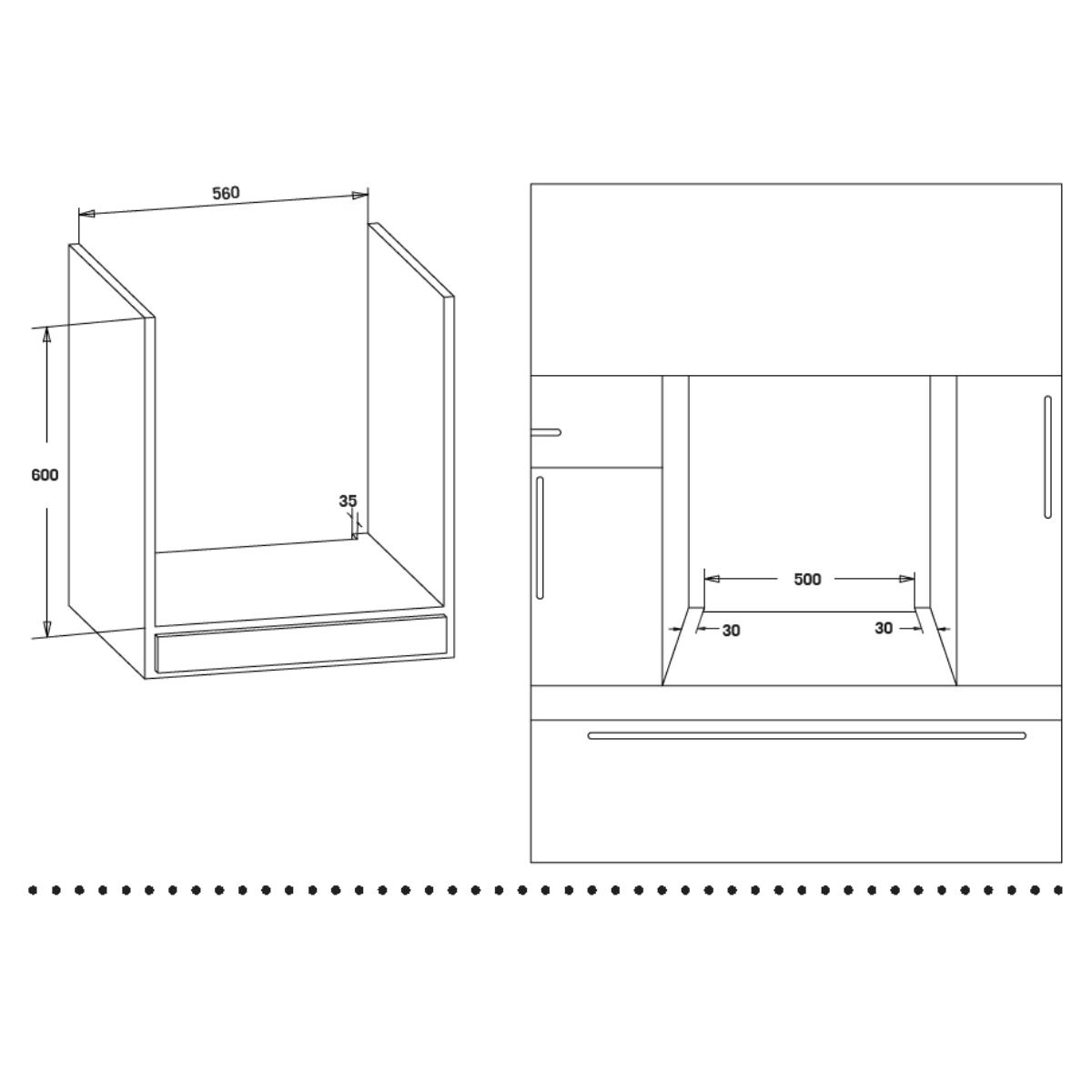 Lijndefeningen tonen kastafmetingen. Links: 3D-aanzicht, 600x560mm. Rechts: vooraanzicht.