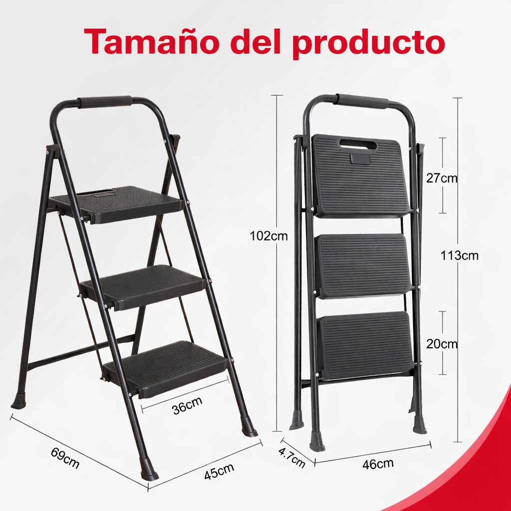 Escalera negra de tres peldaños, abierta y cerrada, con medidas.