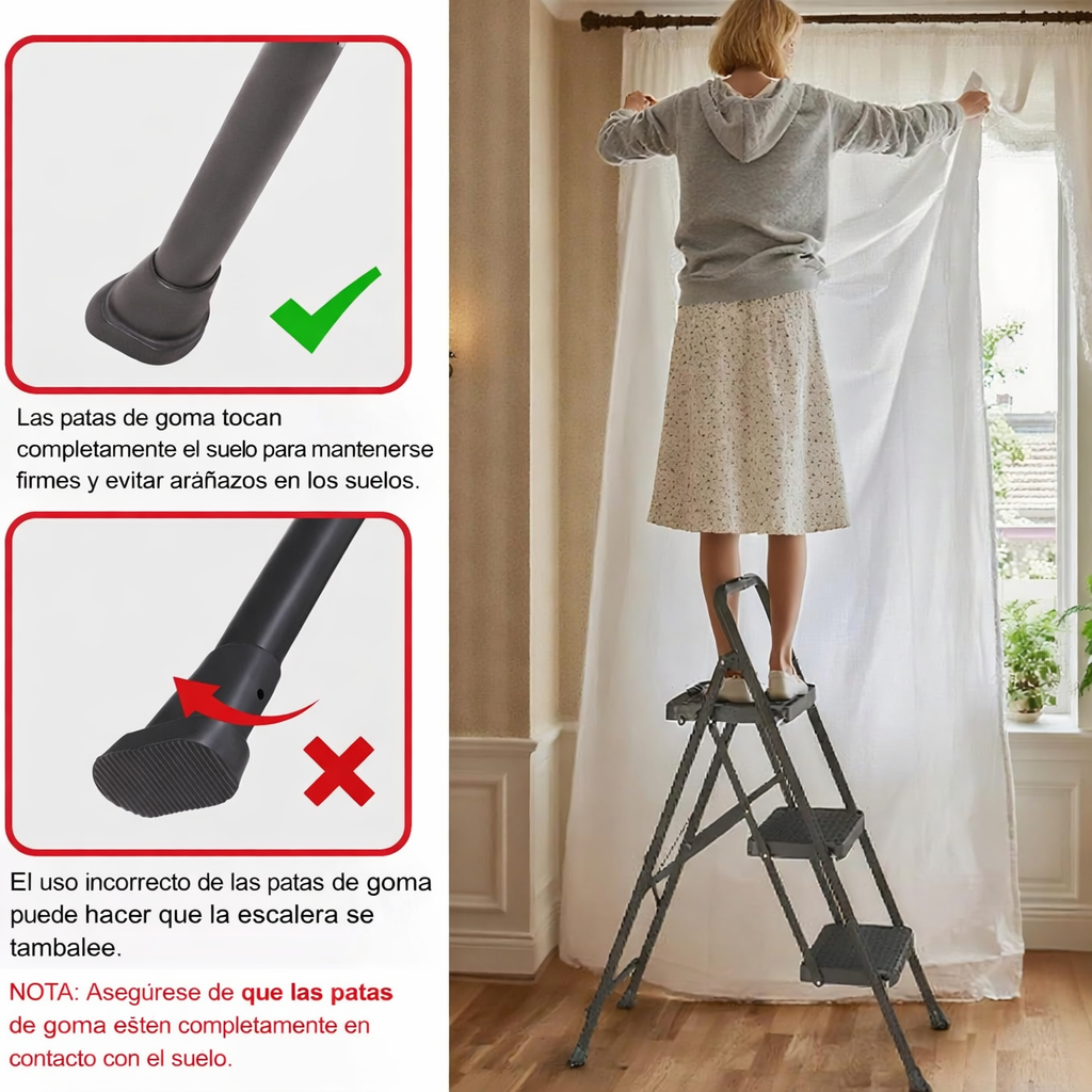 Mujer en escalera por cortinas; tapones de goma muestran uso correcto.