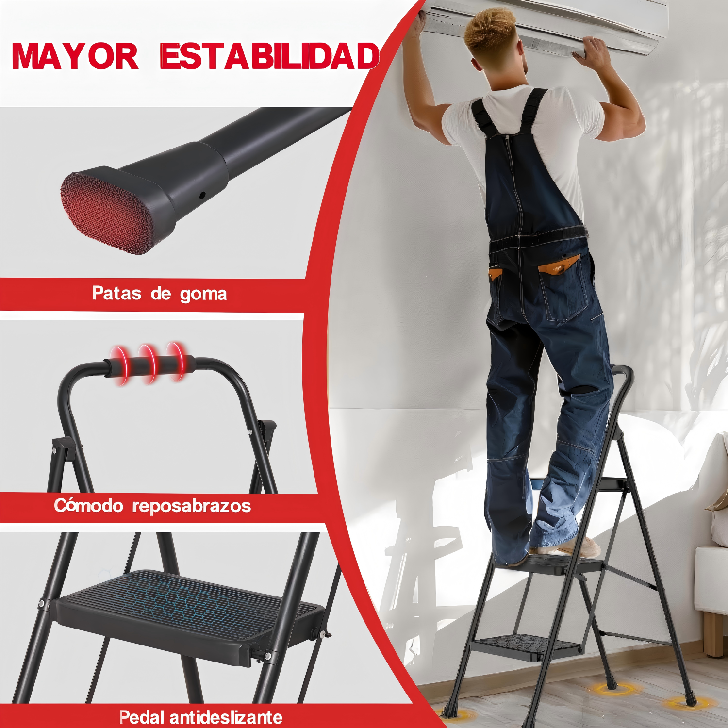 Hombre en escalera montando unidad de aire acondicionado, con primer plano de pies, mango y escalón.