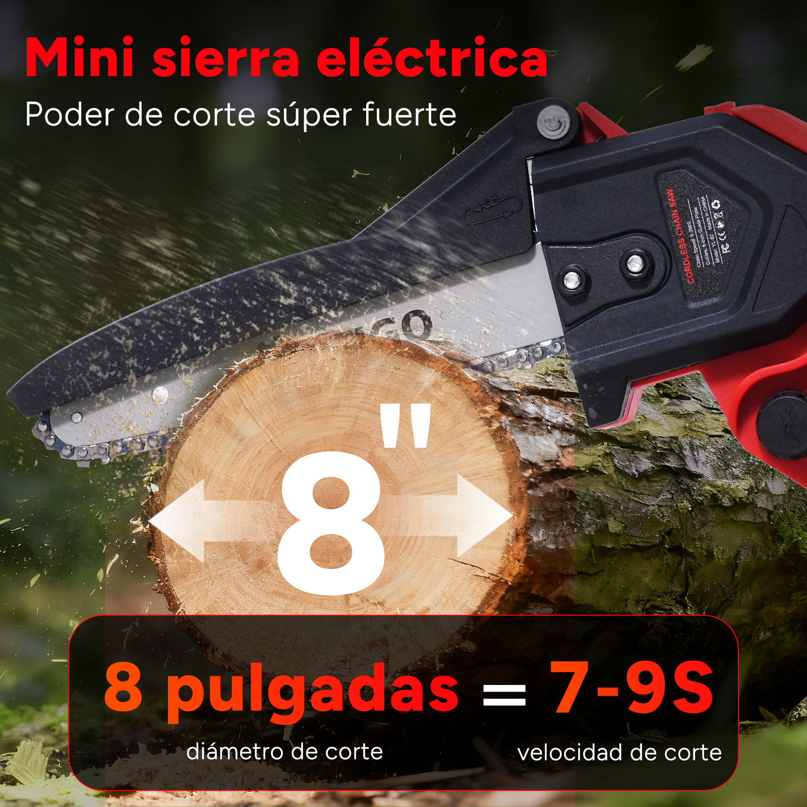 Una mini sierra eléctrica corta un tronco de 8 pulgadas con chispas.