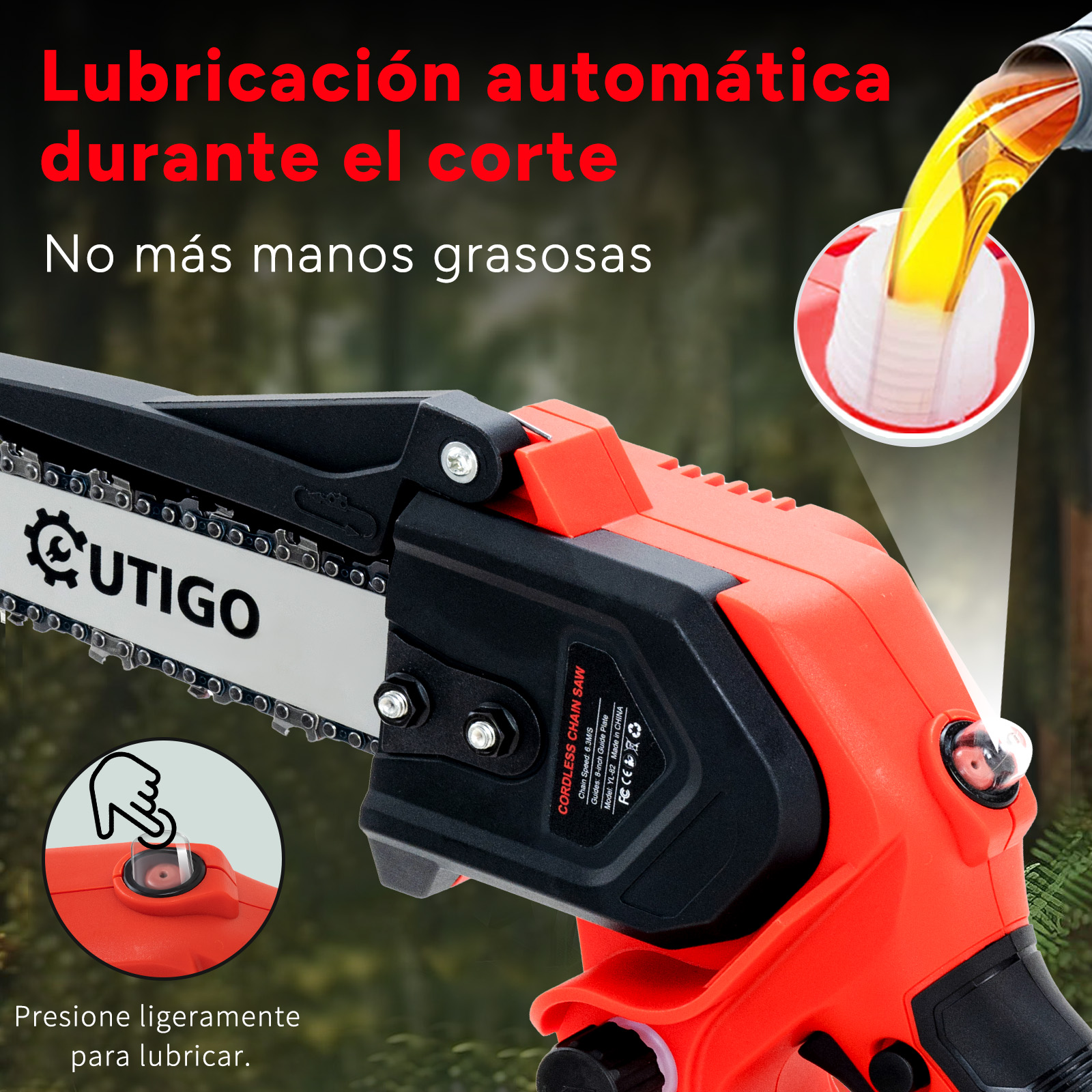 Una motosierra naranja y negra con lubricación automática, aceite fluyendo hacia una carcasa.
