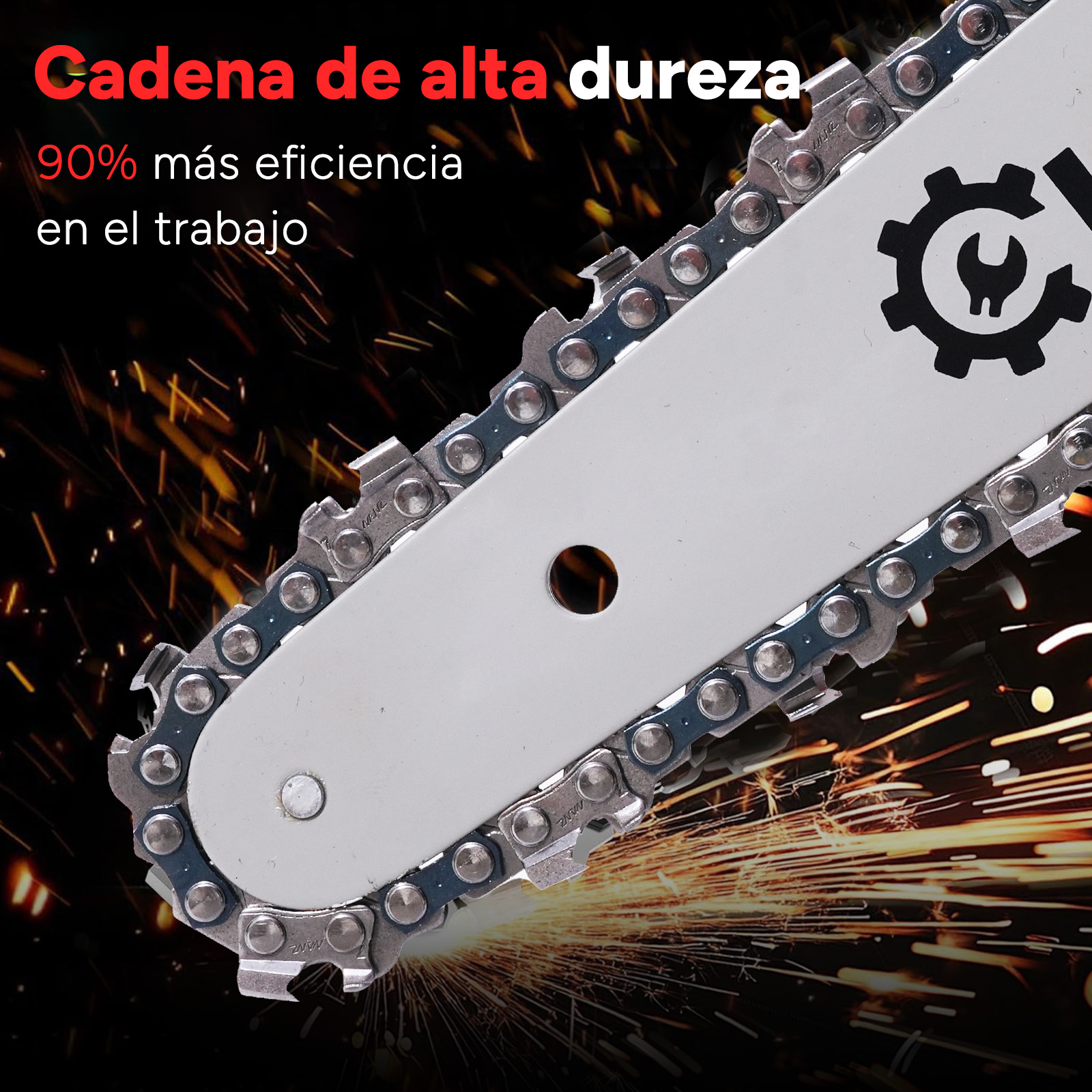 Primer plano de una cadena de motosierra con chispas al fondo.