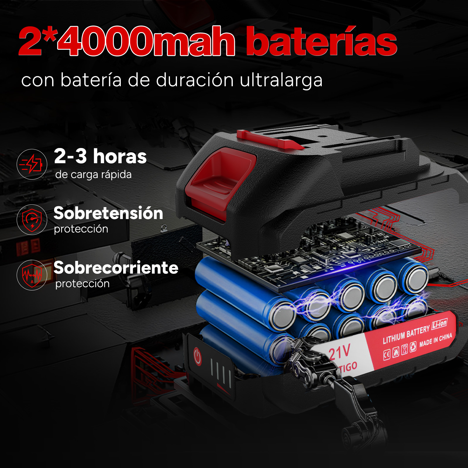 Un paquete de baterías de 2x 4000mAh, carga rápida, protección contra sobretensión.