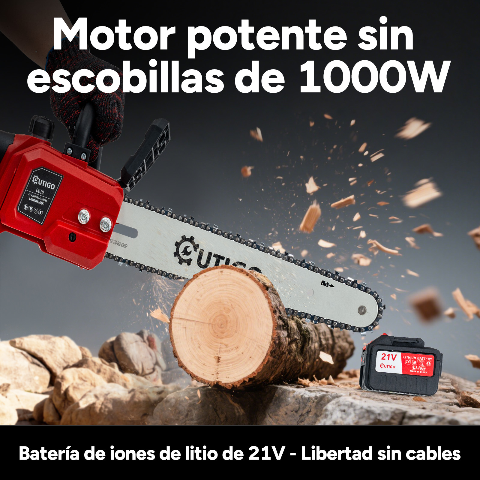 Una motosierra corta madera, saltan astillas. Una batería está cerca.