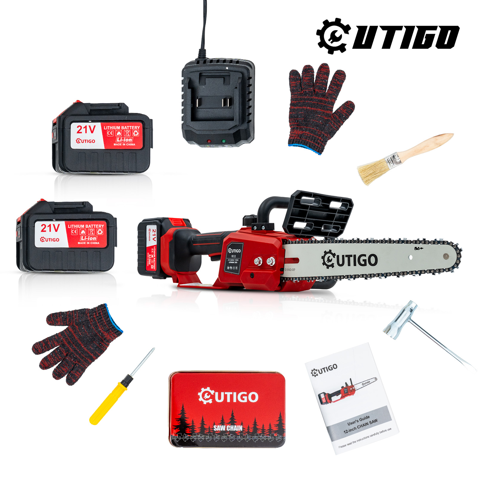 Ein rotes Kettensäge-Set mit Akkus, Ladegerät, Handschuhen, Pinsel, Schraubendreher und Anleitung.