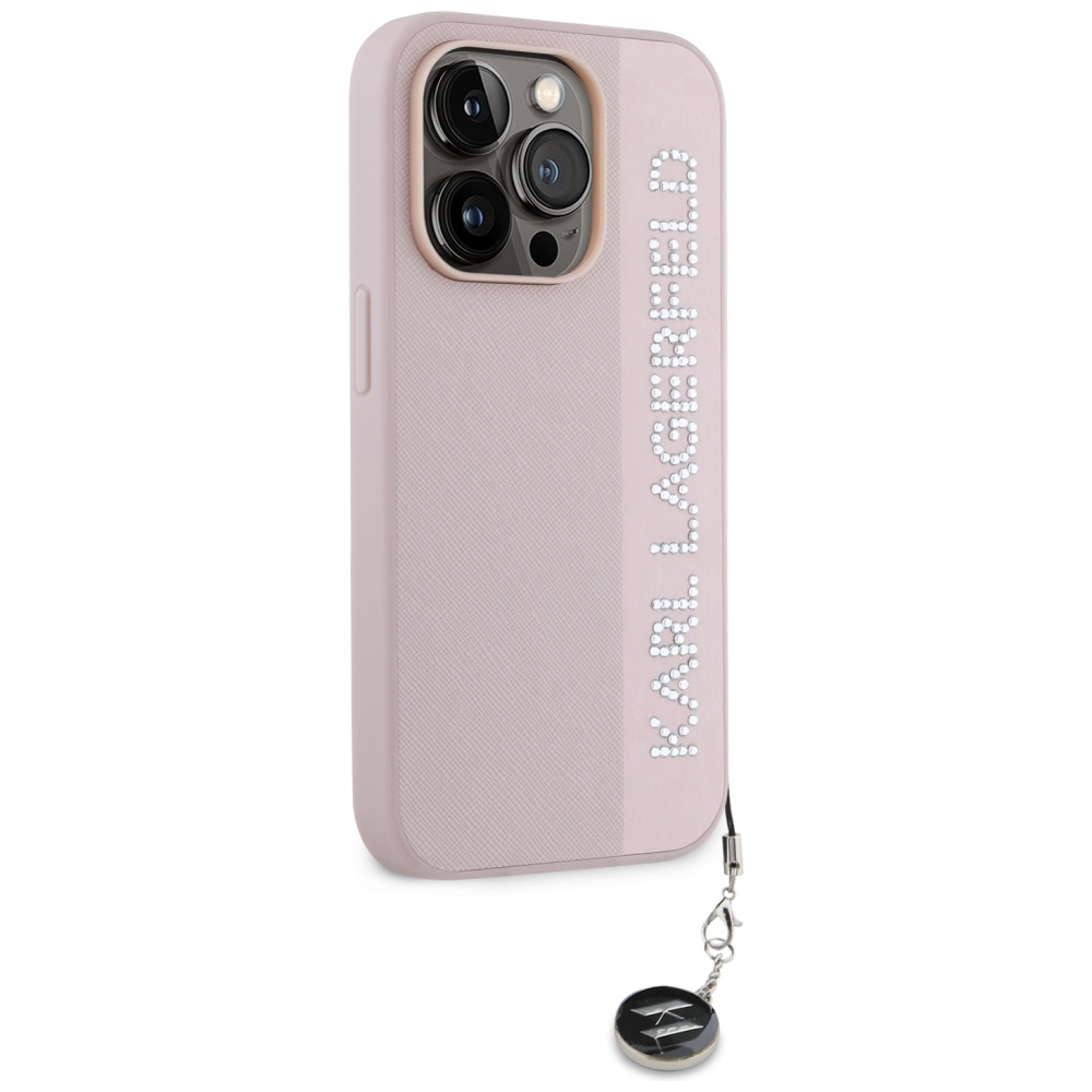 Una cover rosa chiaro per iPhone con "KARL LAGERFELD" in strass.