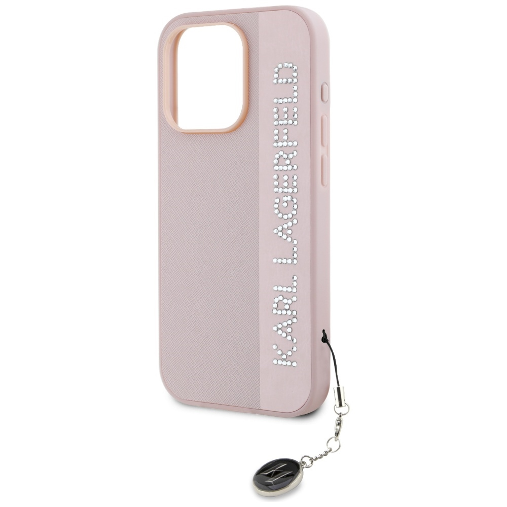 Una custodia rosa per iPhone con lettere scintillanti e un ciondolo.
