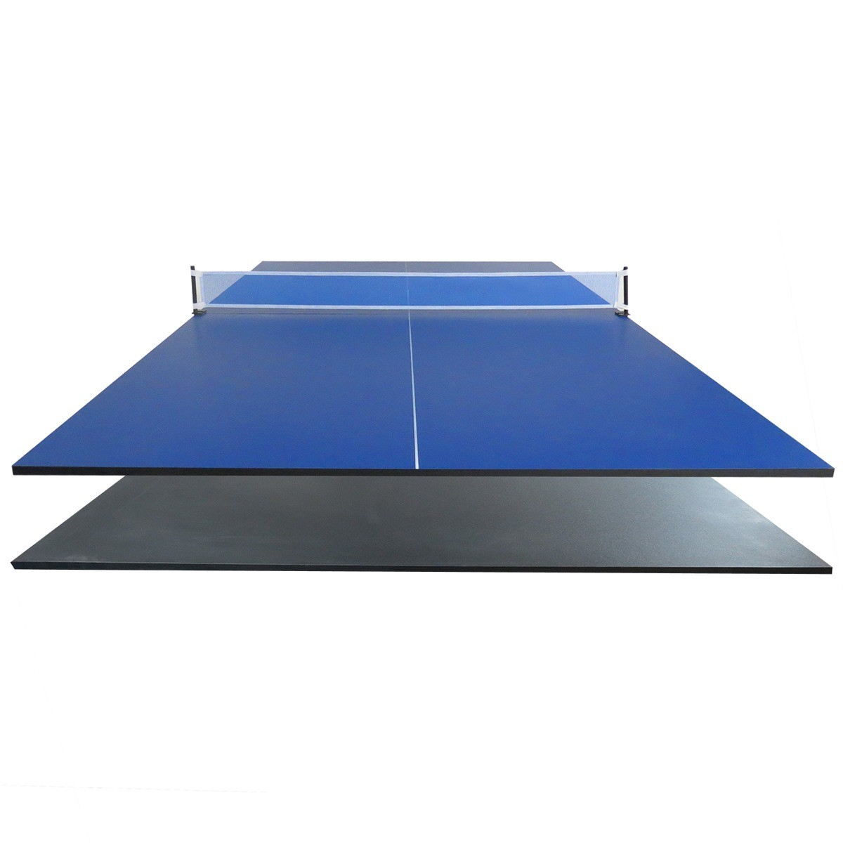 Blauwe tafeltennis met net, op grijze ondergrond, geïsoleerd.