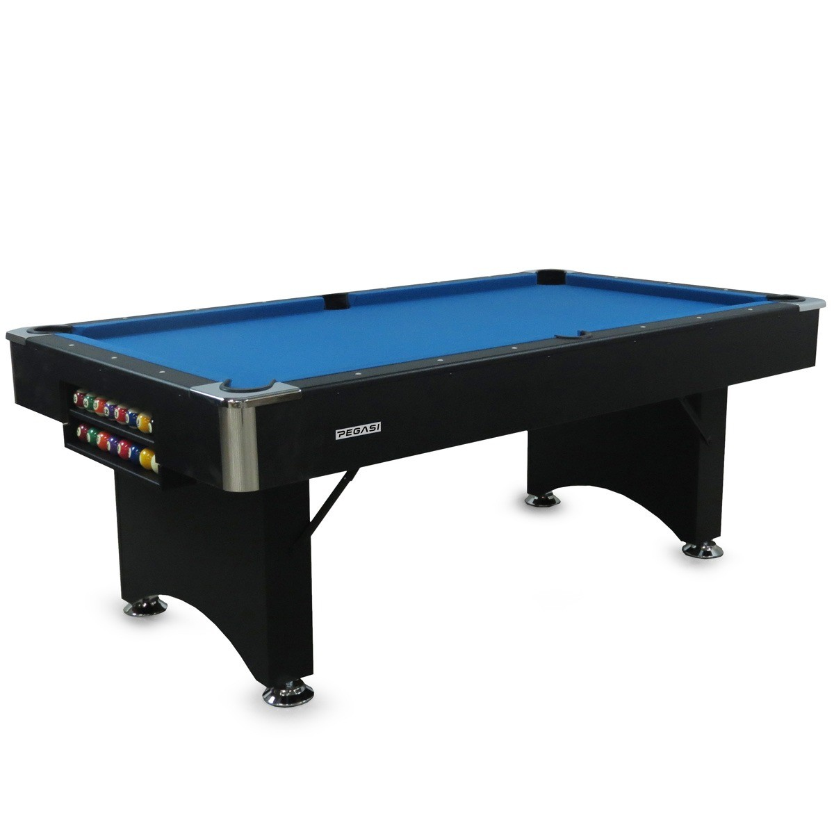 Zwarte biljarttafel met blauw vilt en ballen.