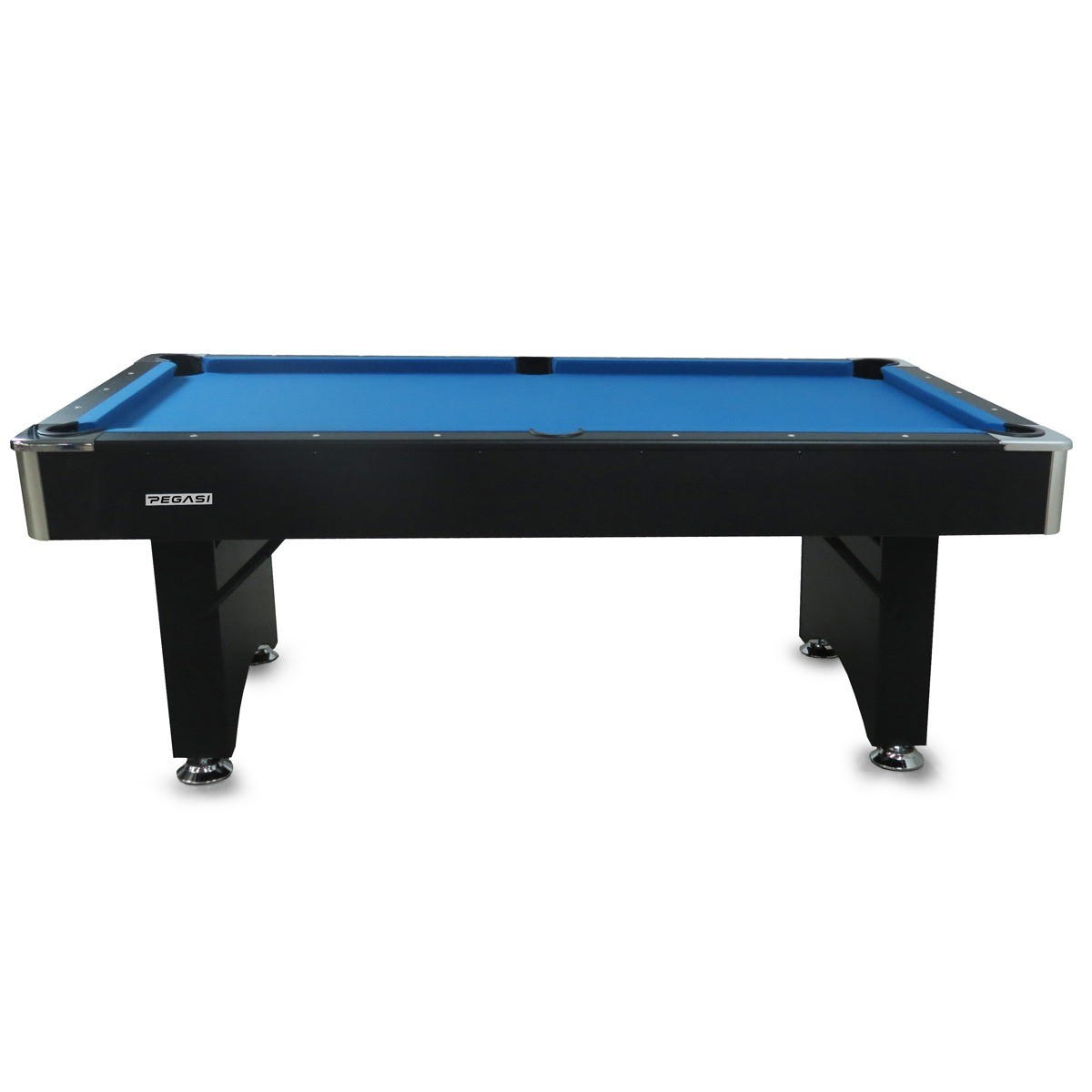 Een zwarte pooltafel met blauw viltoppervlak en zilveren hoeken.