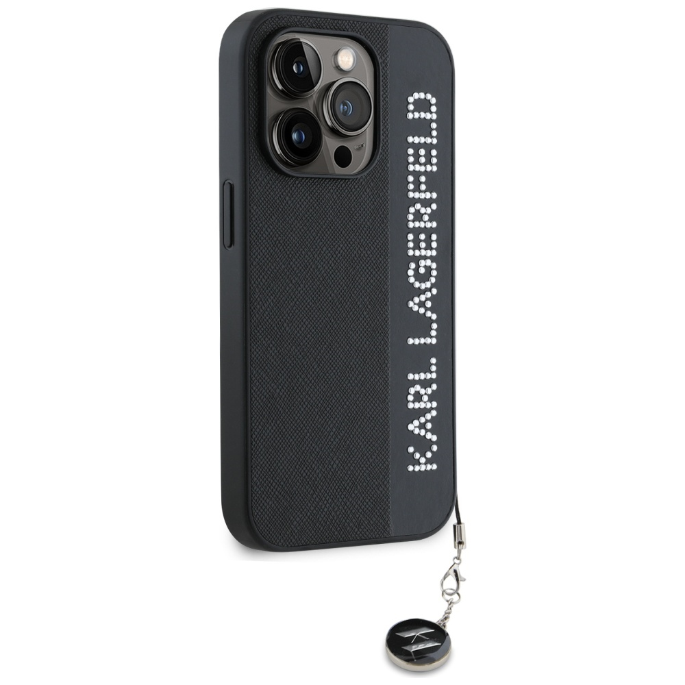 Custodia nera per iPhone con logo Karl Lagerfeld in strass e un ciondolo.