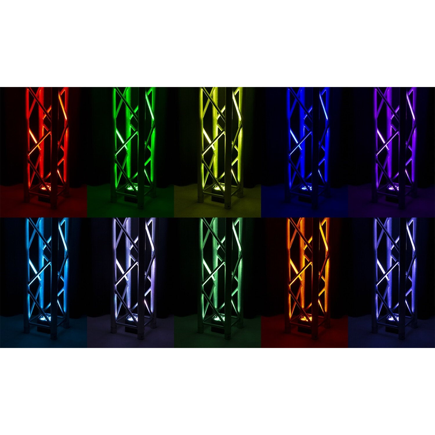 Varias torres de truss de iluminación iluminadas en varios colores: rojo, verde, azul y morado.