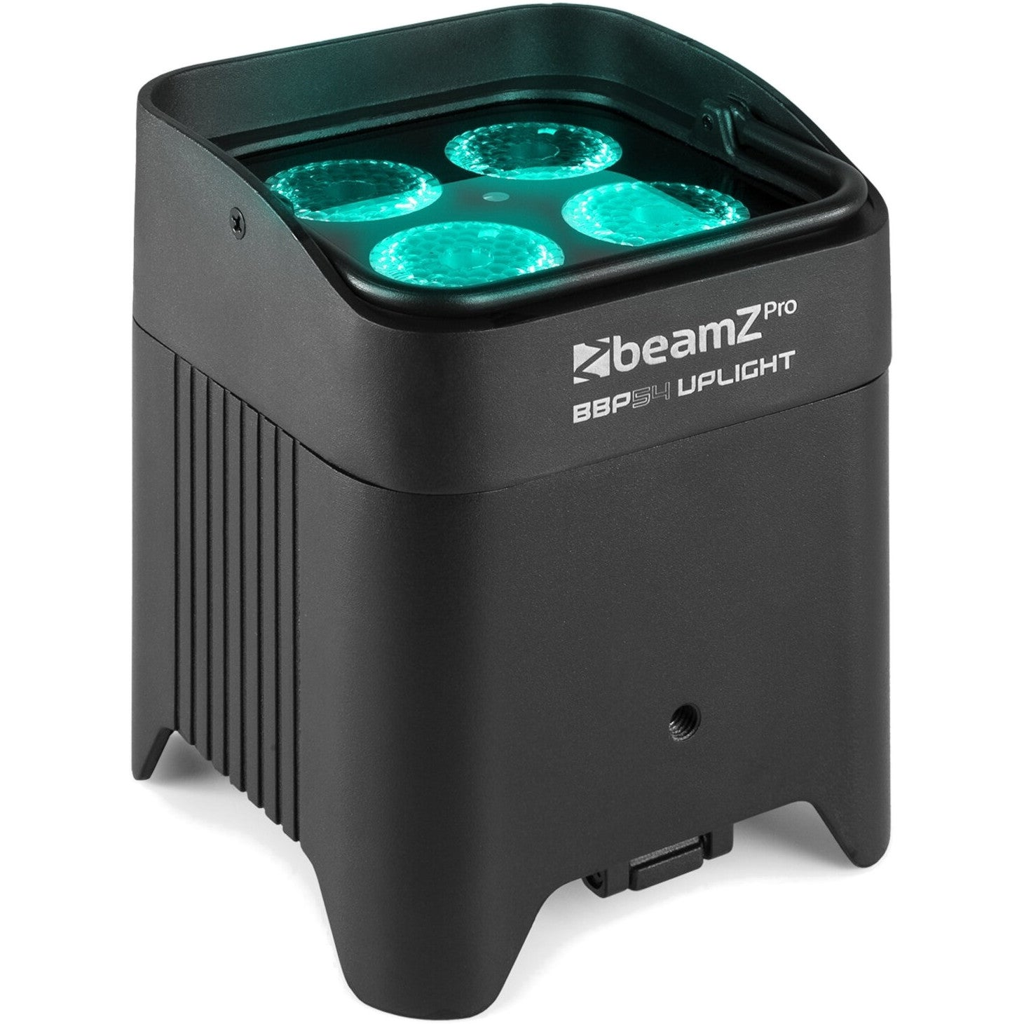 Luz ascendente negra con cuatro LEDs azules y el logo "beamZpro".