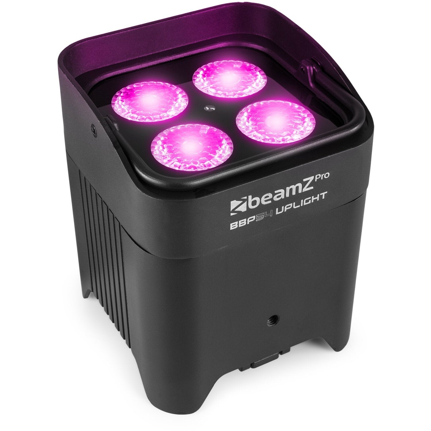 Un uplight negro con cuatro LEDs rosas y el logo 'beamZ Pro'.