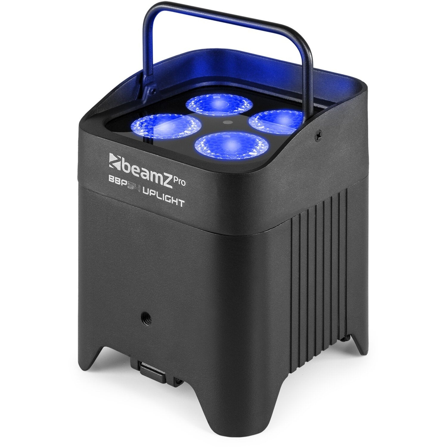 Luz de realce negra con cuatro luces azules y un asa.